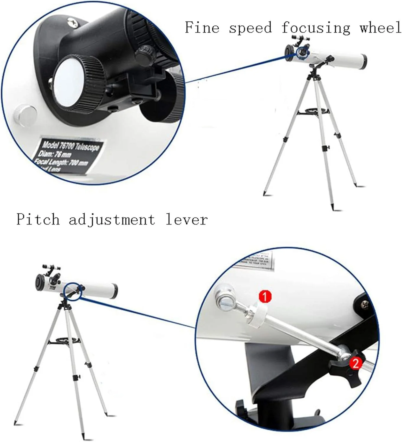 تلسکوپ، تلسکوپ برای بزرگسالان، دهانه 76 میلی‌متری با پایه AZ 700 میلی‌متری، تلسکوپ نجومی انکساری برای کودکان مبتدی با اپتیک کاملاً چند لایه و سه‌پایه