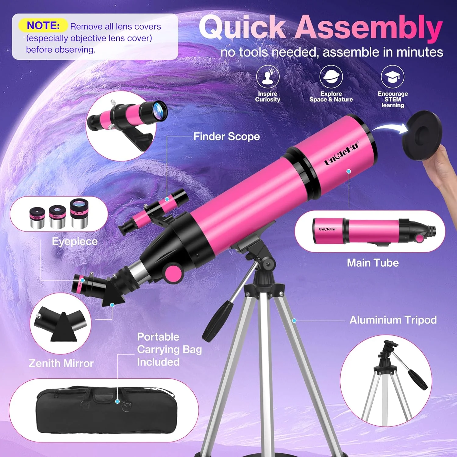 تلسکوپ با قدرت بالا برای بزرگسالان، دهانه 80 میلی‌متری، تلسکوپ 600 میلی‌متری برای نجوم، مناسب بزرگسالان، کودکان و مبتدیان، تلسکوپ شکستی مسافرتی قابل حمل با سه پایه، آداپتور تلفن و کیف برای مشاهده زمینی و ماه، صورتی