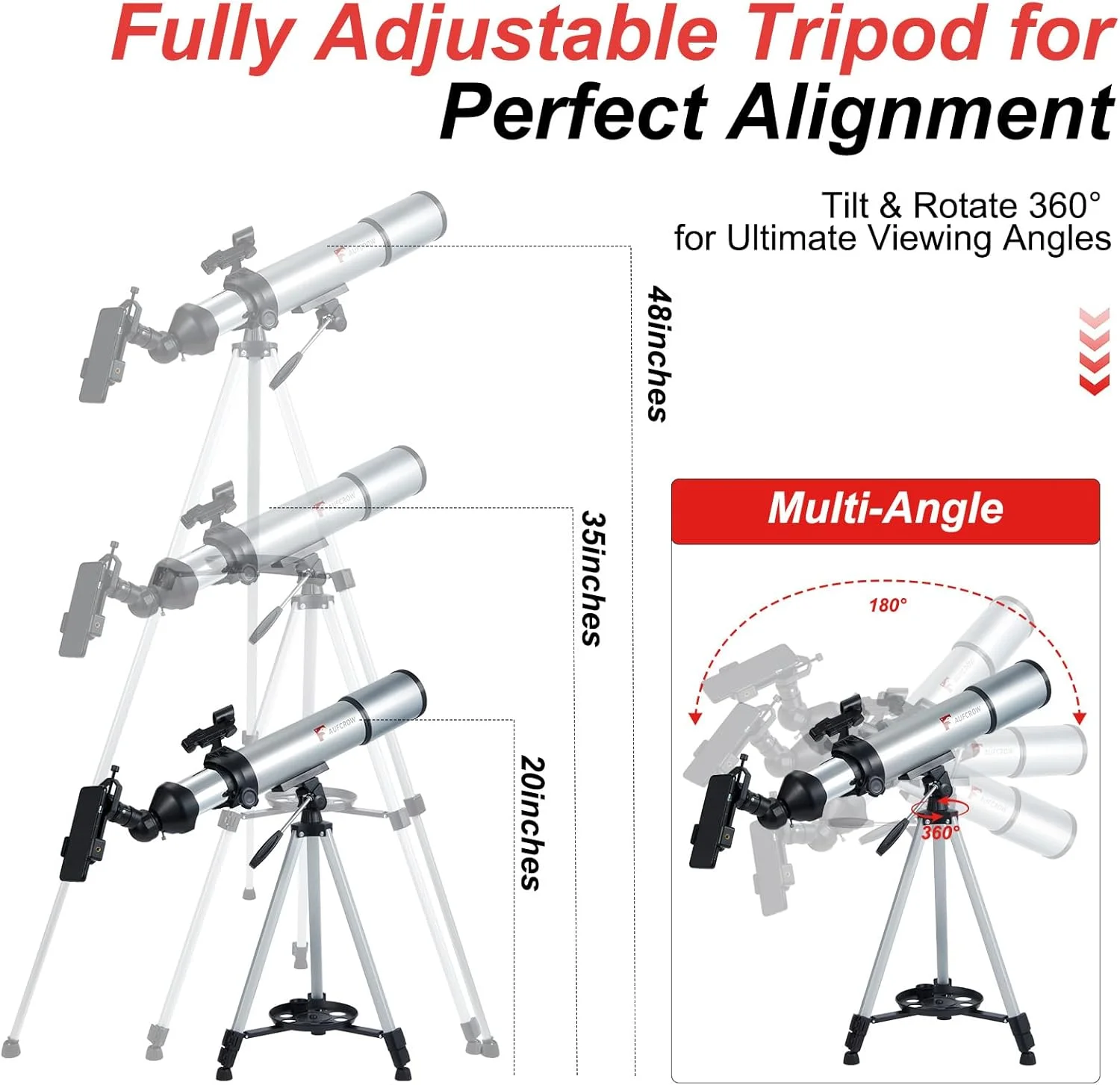 تلسکوپ 80 میلی‌متری با بزرگنمایی بالا مناسب کودکان و بزرگسالان، تلسکوپ شکستنی 600 میلی‌متری نجومی برای مبتدیان، تلسکوپ به همراه آداپتور تلفن، کیف حمل و سه پایه