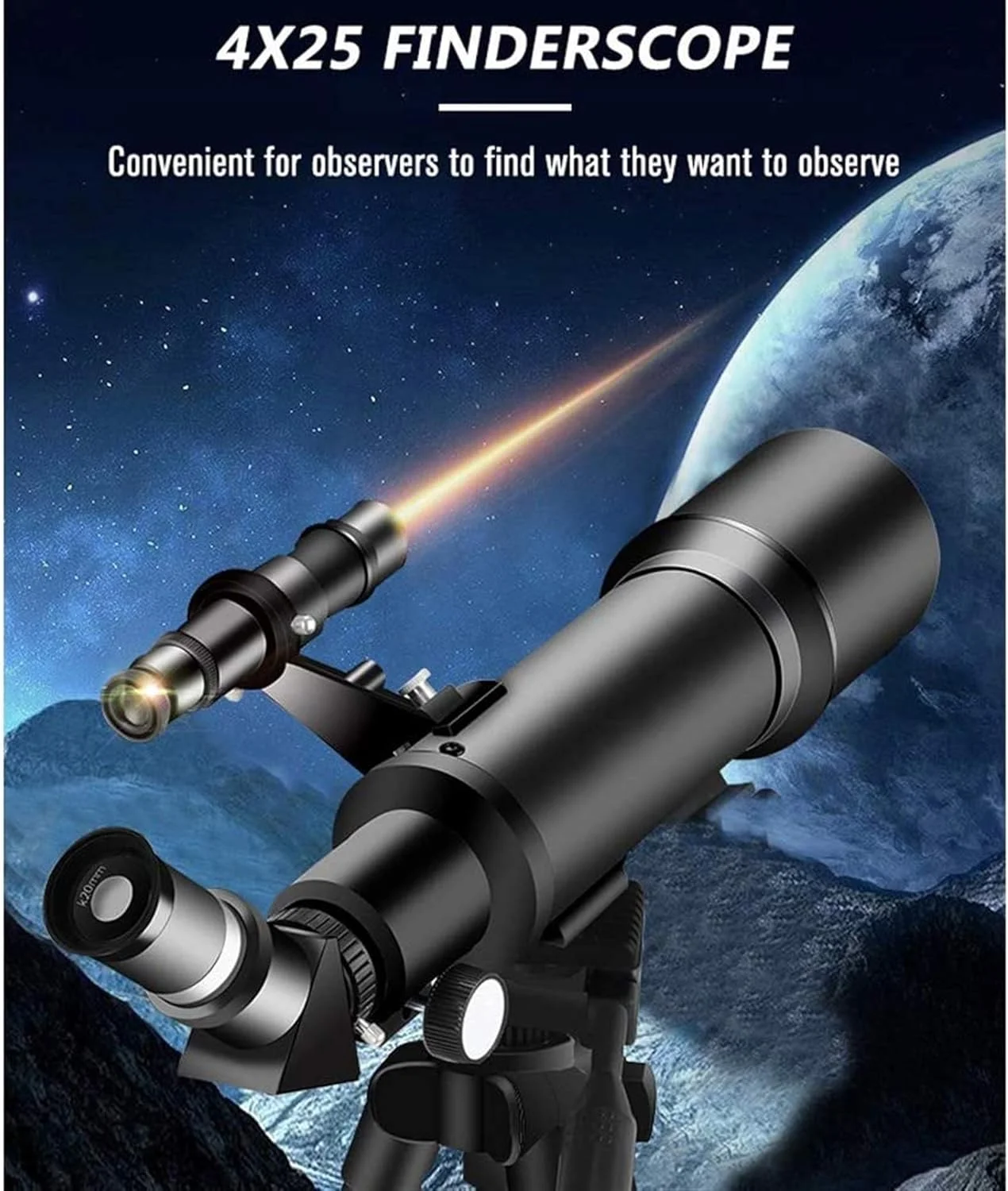 تلسکوپ با دهانه 70 میلی‌متری و فاصله کانونی 400 میلی‌متری، تلسکوپ شکستنی نجومی با لنز منشوری، پایه نگهدارنده تلفن و سه پایه برای رصد ماه و سیارات