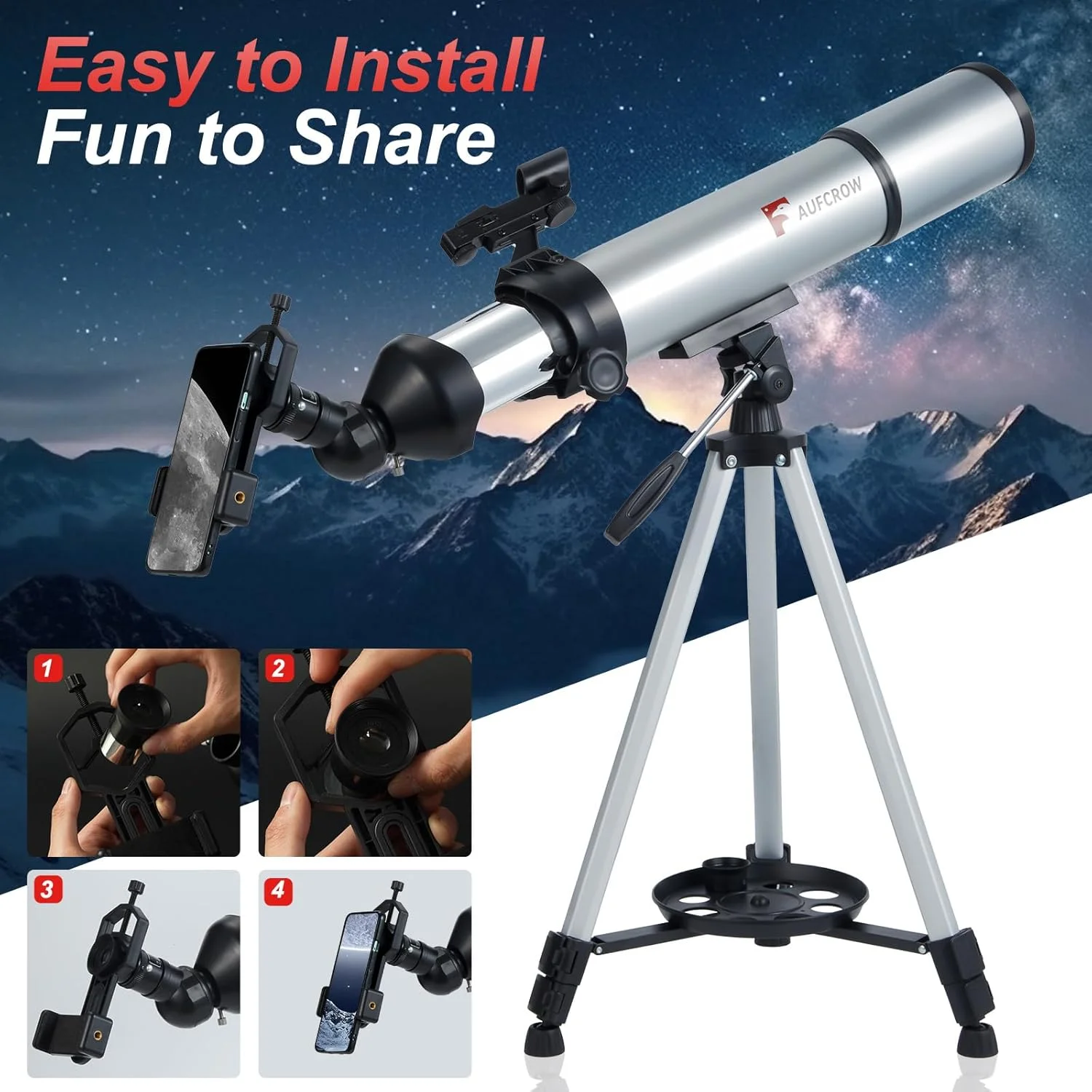 تلسکوپ 80 میلی‌متری با بزرگنمایی بالا مناسب کودکان و بزرگسالان، تلسکوپ شکستنی 600 میلی‌متری نجومی برای مبتدیان، تلسکوپ به همراه آداپتور تلفن، کیف حمل و سه پایه