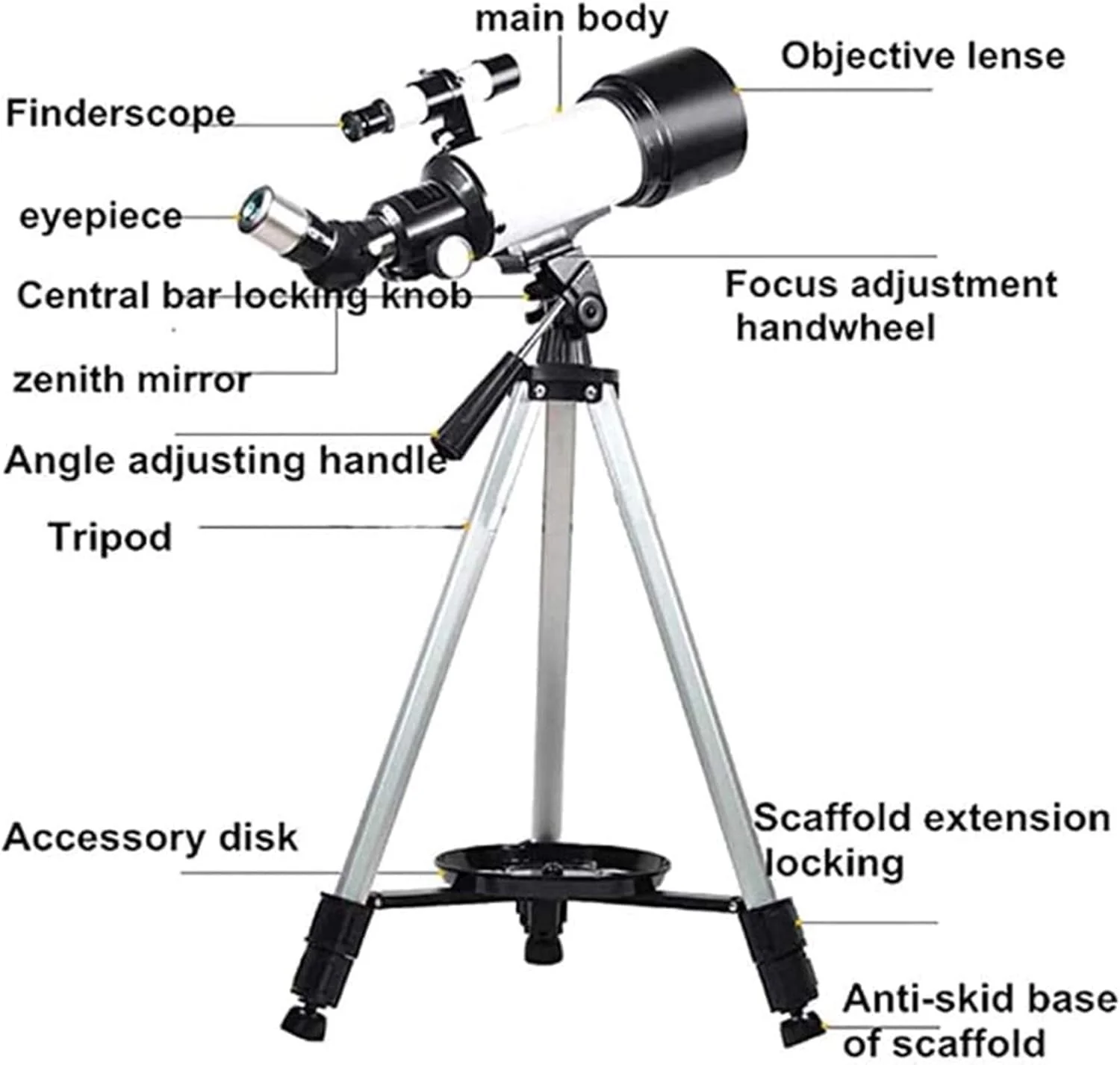 تلسکوپ با دهانه 70 میلی‌متری و فاصله کانونی 400 میلی‌متری، تلسکوپ منشوری شکستنی نجومی به همراه آداپتور تلفن و سه پایه برای رصد