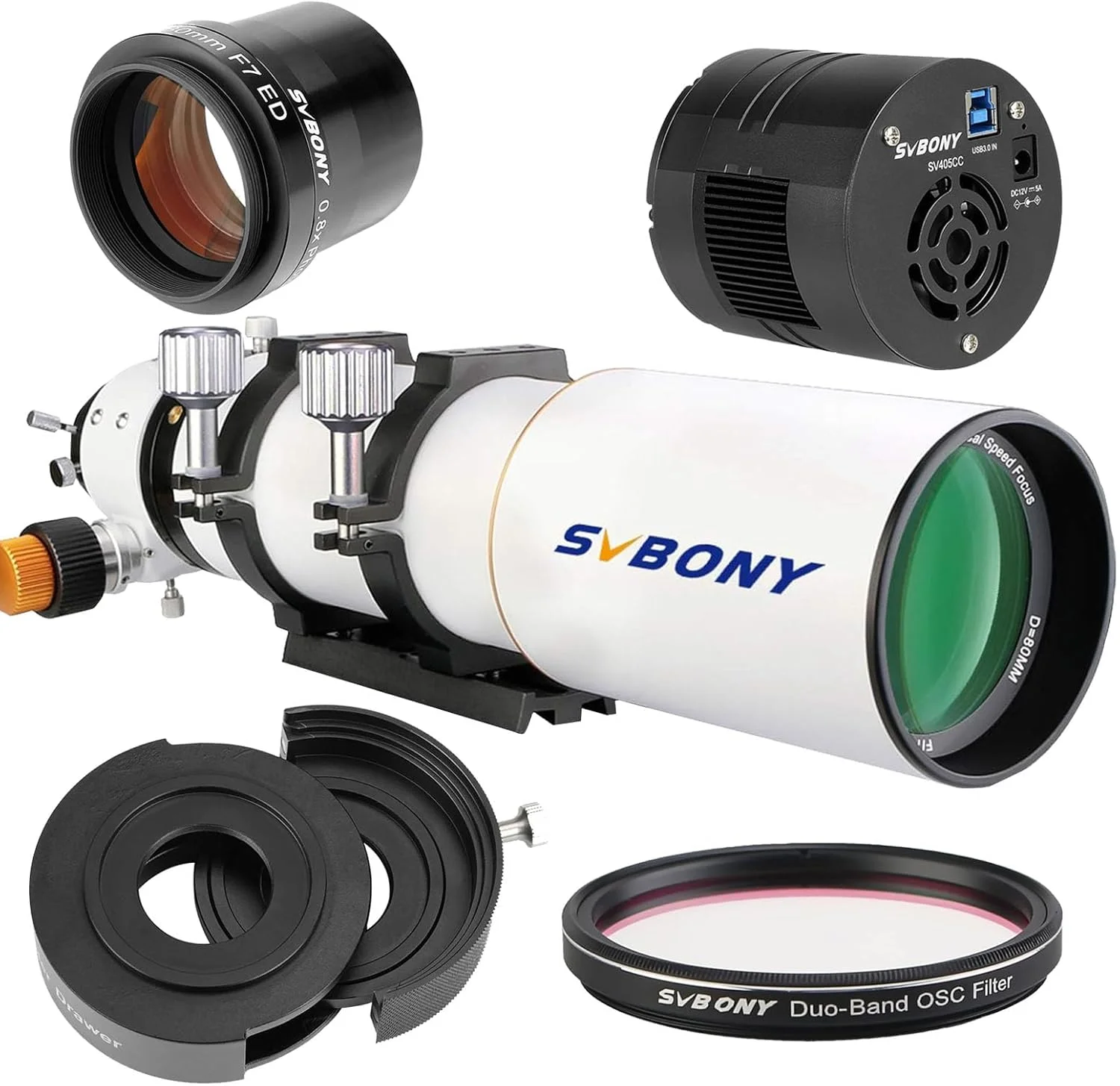 مجموعه تلسکوپ SV503 80mm F7 به همراه دوربین خنک‌شونده SV405CC، فیلتر سحابی دو باندی SV220، کاهنده کانونی SV193 با فلت‌کننده میدان 0.8X، کاهنده کانونی SV193 و کشوی فیلتر SV226 برای عکاسی نجومی
