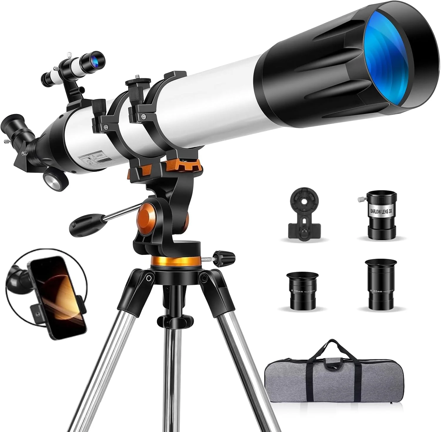 تلسکوپ، تلسکوپ با قدرت بالا برای بزرگسالان، دیافراگم 90 میلی‌متری، تلسکوپ‌های شکستنی 800 میلی‌متری برای نجوم بزرگسالان با پوشش چند لایه کامل، تلسکوپ برای مبتدیان با آداپتور تلفن، سه‌پایه و کیف حمل