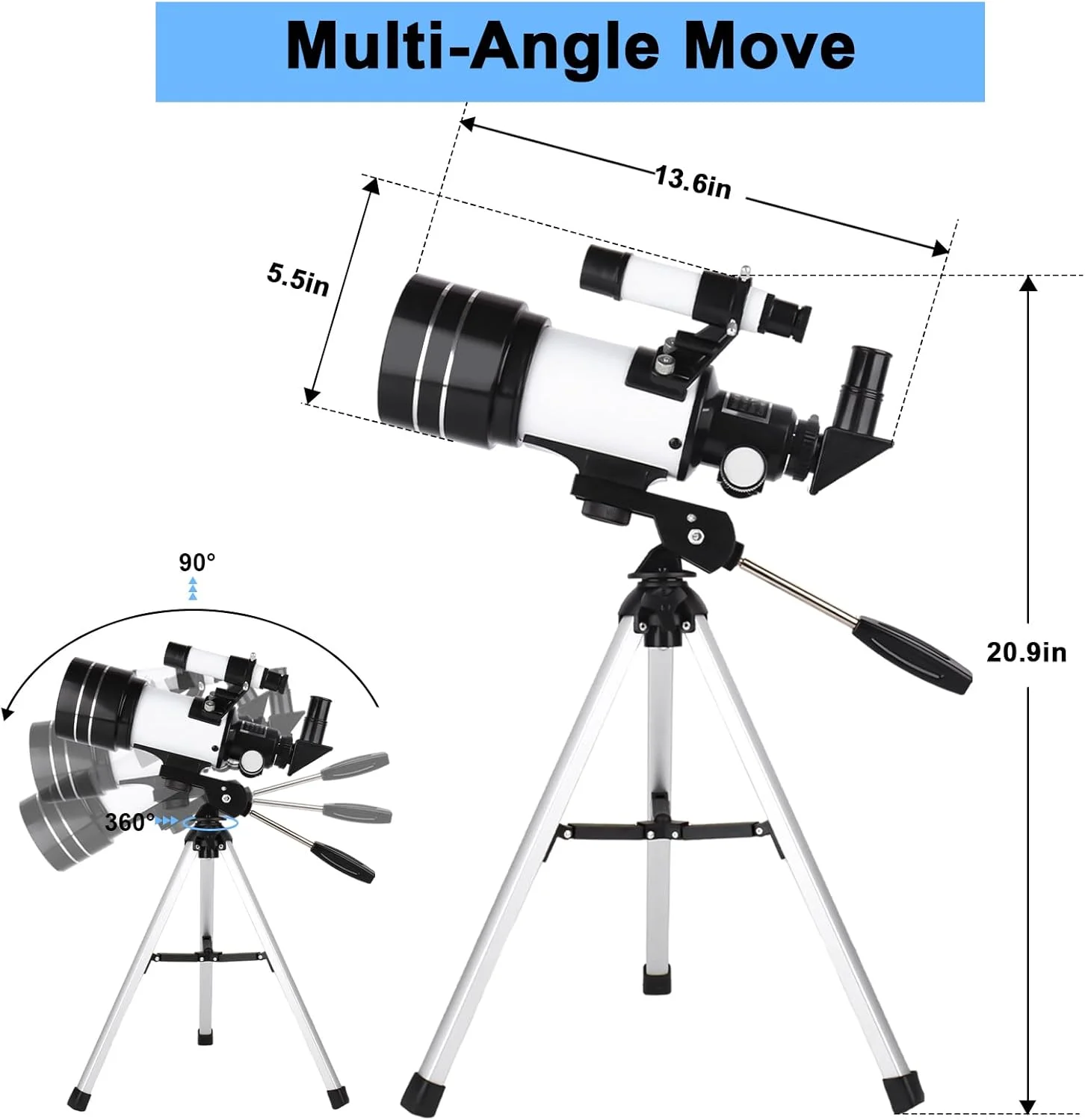 تلسکوپ برای بزرگسالان و کودکان، تلسکوپ شکستنی 70 میلی‌متری با دهانه 300 میلی‌متر، تلسکوپ‌های مسافرتی قابل حمل شکستنی برای مبتدیان نجوم به همراه سه‌پایه و آداپتور تلفن