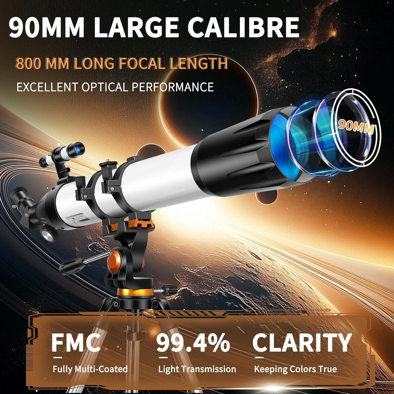 تلسکوپ، تلسکوپ با قدرت بالا برای بزرگسالان، دیافراگم 90 میلی‌متری، تلسکوپ‌های شکستنی 800 میلی‌متری برای نجوم بزرگسالان با پوشش چند لایه کامل، تلسکوپ برای مبتدیان با آداپتور تلفن، سه‌پایه و کیف حمل