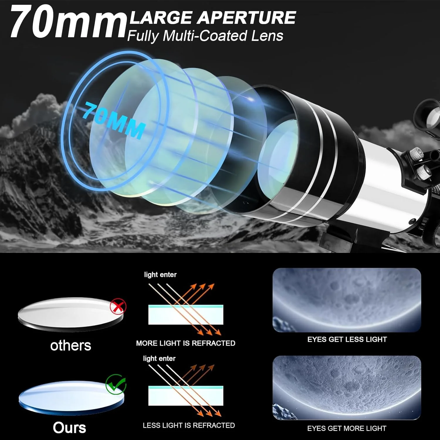 تلسکوپ برای بزرگسالان و کودکان، تلسکوپ شکستنی 70 میلی‌متری با دهانه 300 میلی‌متر، تلسکوپ‌های مسافرتی قابل حمل شکستنی برای مبتدیان نجوم به همراه سه‌پایه و آداپتور تلفن