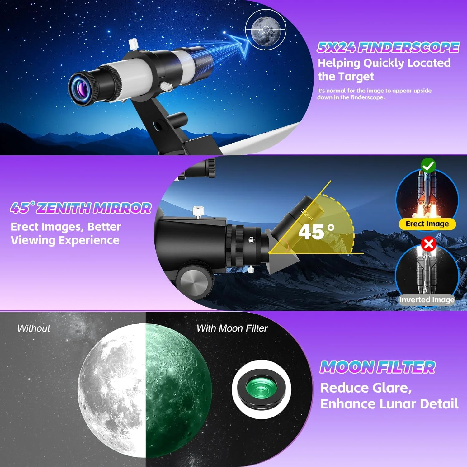 تلسکوپ برای بزرگسالان و کودکان، دیافراگم 90 میلی‌متری تلسکوپ‌های انکساری 700 میلی‌متری برای مبتدیان، اپتیک کاملاً چندلایه با سه‌پایه نصب AZ و کیف حمل، ریموت بی‌سیم، آداپتور تلفن، هدیه ایده‌آل برای آقایان