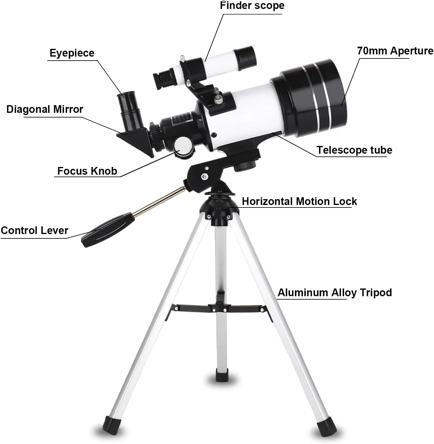 تلسکوپ برای بزرگسالان و کودکان، تلسکوپ شکستنی 70 میلی‌متری با دهانه 300 میلی‌متر، تلسکوپ‌های مسافرتی قابل حمل شکستنی برای مبتدیان نجوم به همراه سه‌پایه و آداپتور تلفن