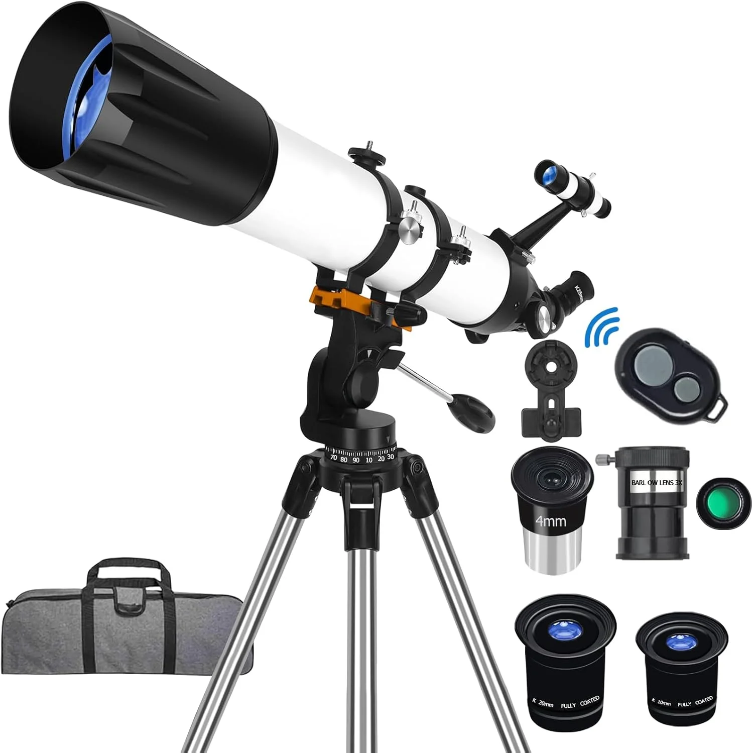 تلسکوپ با قدرت بالا برای بزرگسالان، دهانه 90 میلی‌متری، شکست 800 میلی‌متری برای مبتدیان نجوم، تلسکوپ حرفه‌ای با سه‌پایه استیل ضد زنگ، آداپتور تلفن و کیف حمل