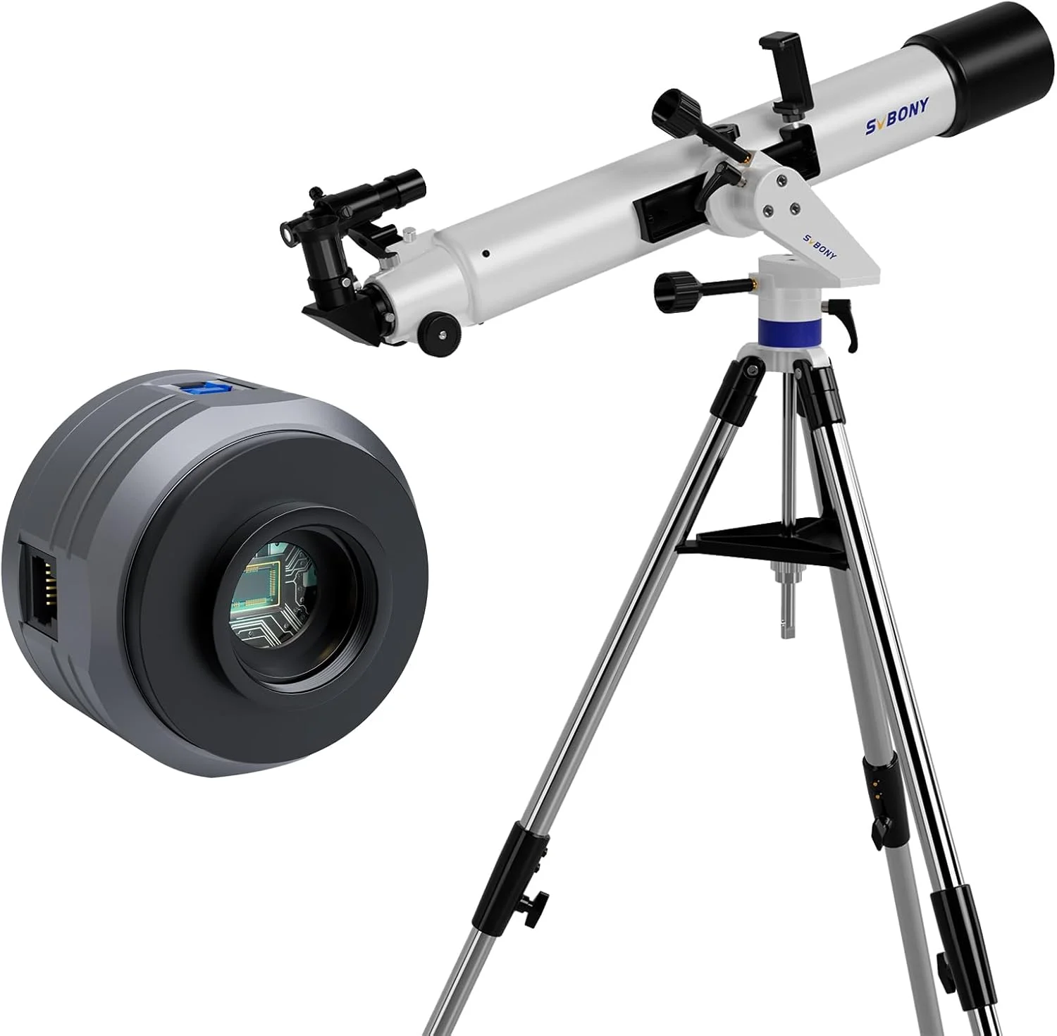 تلسکوپ SC715C به همراه تلسکوپ SV520 برای بزرگسالان، قدرت بالا، دهانه 90 میلی‌متری، فاصله کانونی 800 میلی‌متری، شکست نور با پایه AZ، چشمی، لنز بارلو، کیت نجوم برای مبتدیان