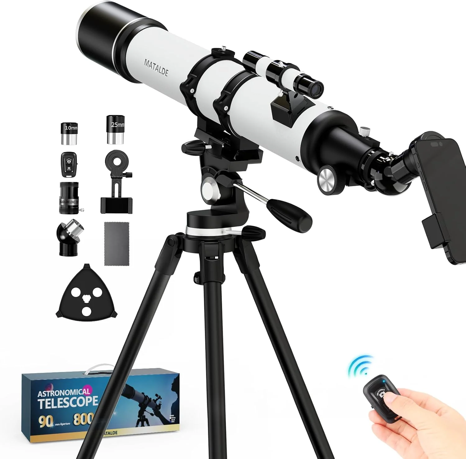 تلسکوپ با دهانه 90 میلی‌متری و فاصله کانونی 800 میلی‌متری، تلسکوپ نجومی حرفه‌ای با بزرگنمایی 32X-240X، لنز بارلو 3X و آداپتور تلفن
