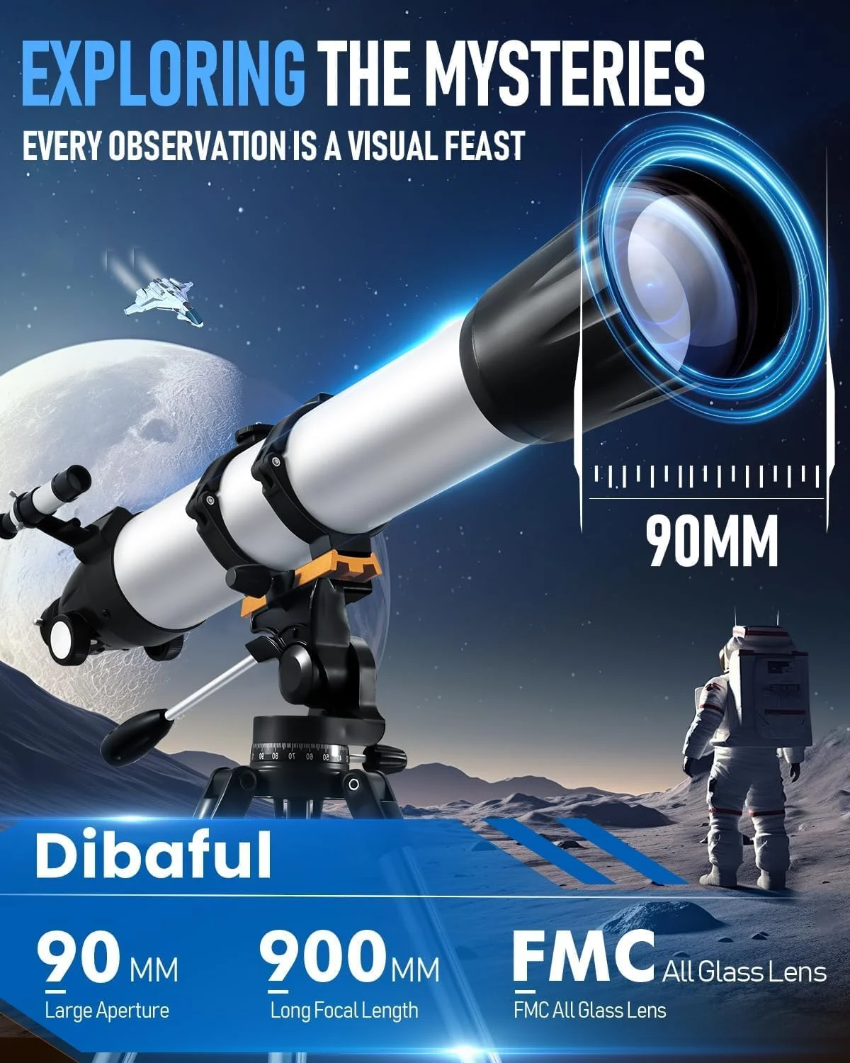 تلسکوپ با دهانه 90 میلی‌متری، تلسکوپ شکستنی حرفه‌ای 900 میلی‌متری، بزرگنمایی 450X تلسکوپ قدرتمند، تلسکوپ برای بزرگسالان و کودکان به همراه کنترل از راه دور، سه‌پایه، آداپتور تلفن، کیف حمل