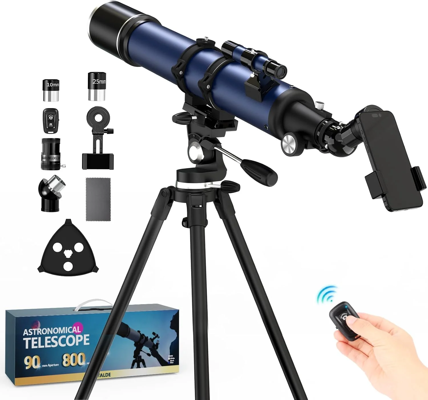 تلسکوپ با دهانه 90 میلی‌متری و فاصله کانونی 800 میلی‌متر برای مبتدیان و حرفه‌ای‌ها، تلسکوپ نجومی حرفه‌ای با بزرگنمایی 32X-240X، لنز بارلو 3X و آداپتور تلفن