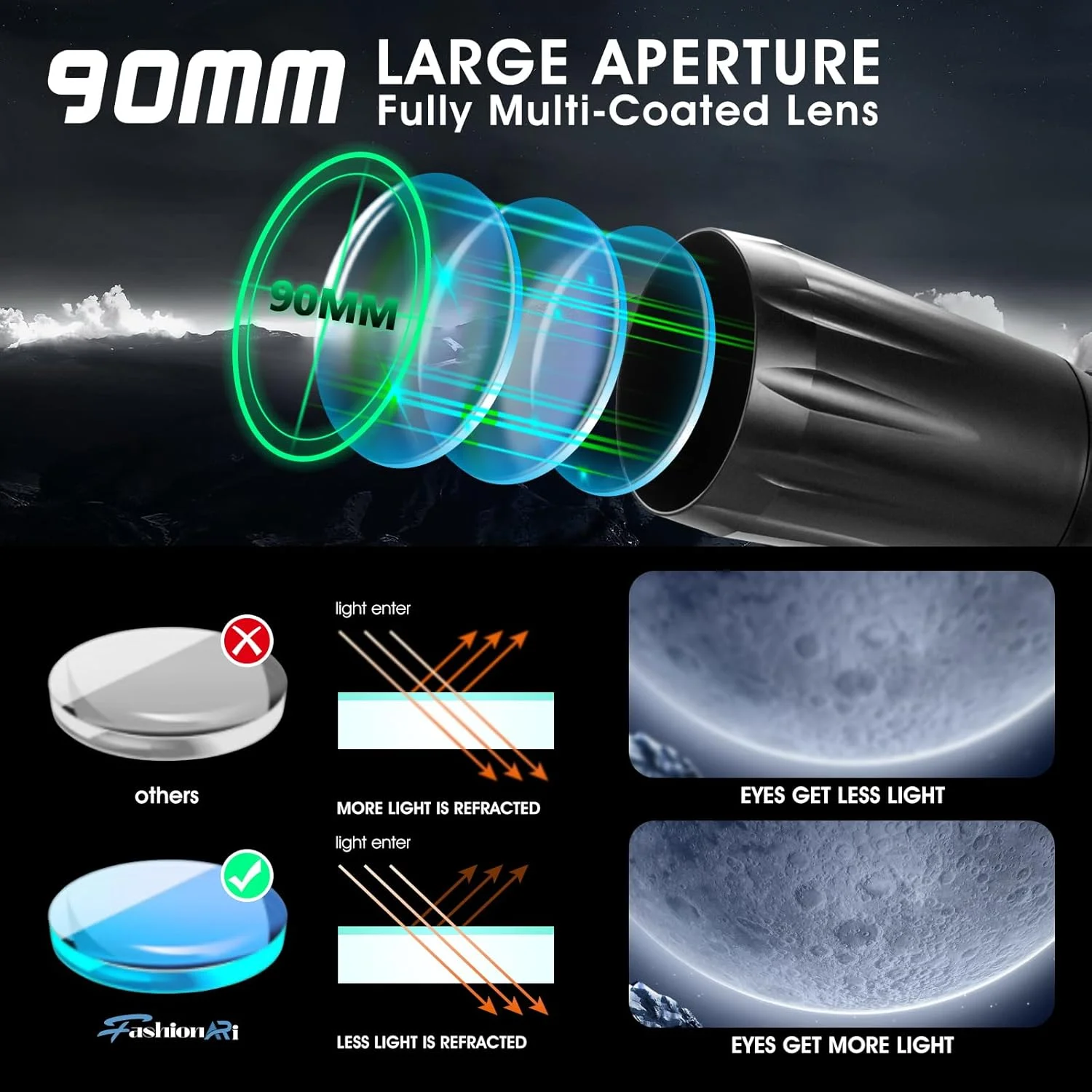 تلسکوپ با قدرت بالا برای بزرگسالان، دهانه 90 میلی‌متری، شکست 800 میلی‌متری برای مبتدیان نجوم، تلسکوپ حرفه‌ای با سه‌پایه استیل ضد زنگ، آداپتور تلفن و کیف حمل