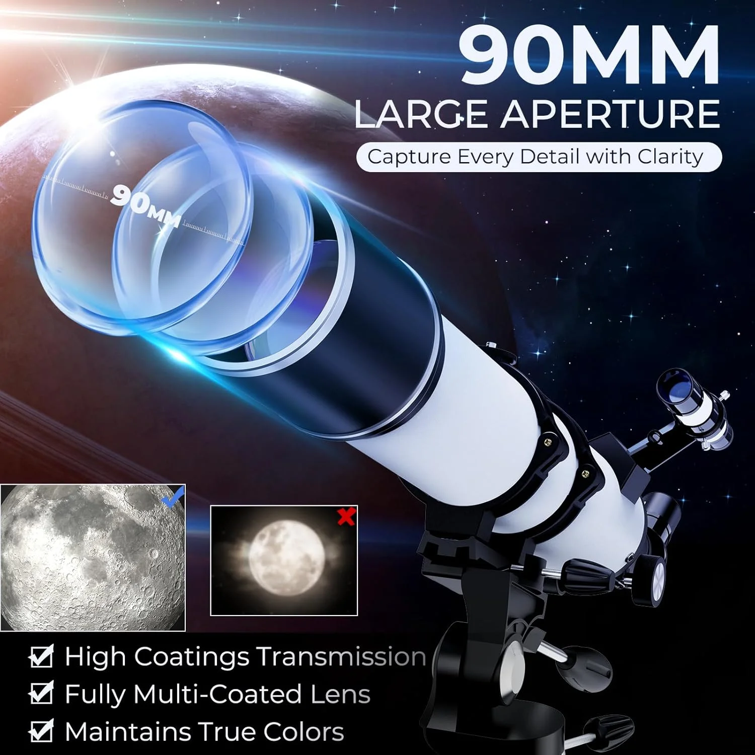 تلسکوپ با دهانه 90 میلی‌متری و فاصله کانونی 800 میلی‌متری، تلسکوپ نجومی حرفه‌ای با بزرگنمایی 32X-240X، لنز بارلو 3X و آداپتور تلفن