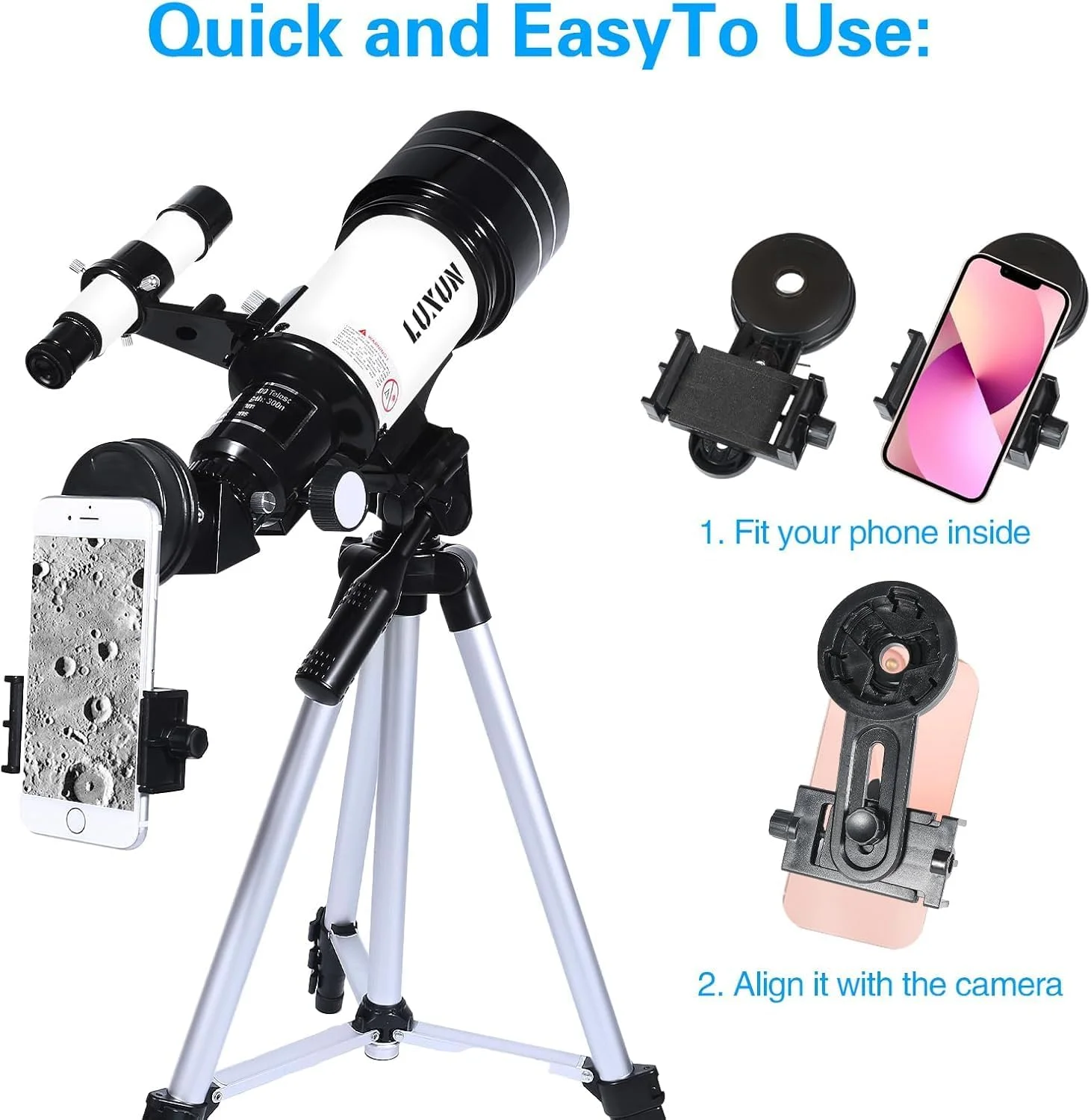 تلسکوپ 70 میلی‌متری انکساری به همراه آداپتور تلفن برای بزرگسالان، مبتدیان نجوم، با پوشش پهن باند چند لایه، سه پایه قابل تنظیم و یابنده