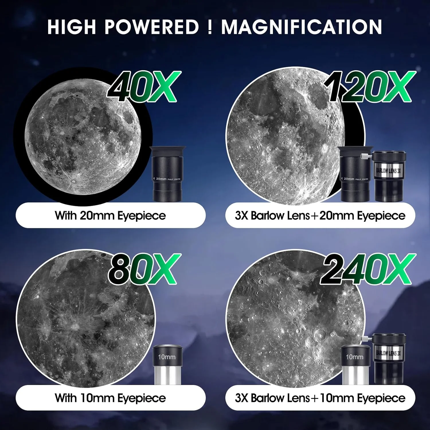 تلسکوپ با قدرت بالا برای بزرگسالان، دهانه 90 میلی‌متری، شکست 800 میلی‌متری برای مبتدیان نجوم، تلسکوپ حرفه‌ای با سه‌پایه استیل ضد زنگ، آداپتور تلفن و کیف حمل