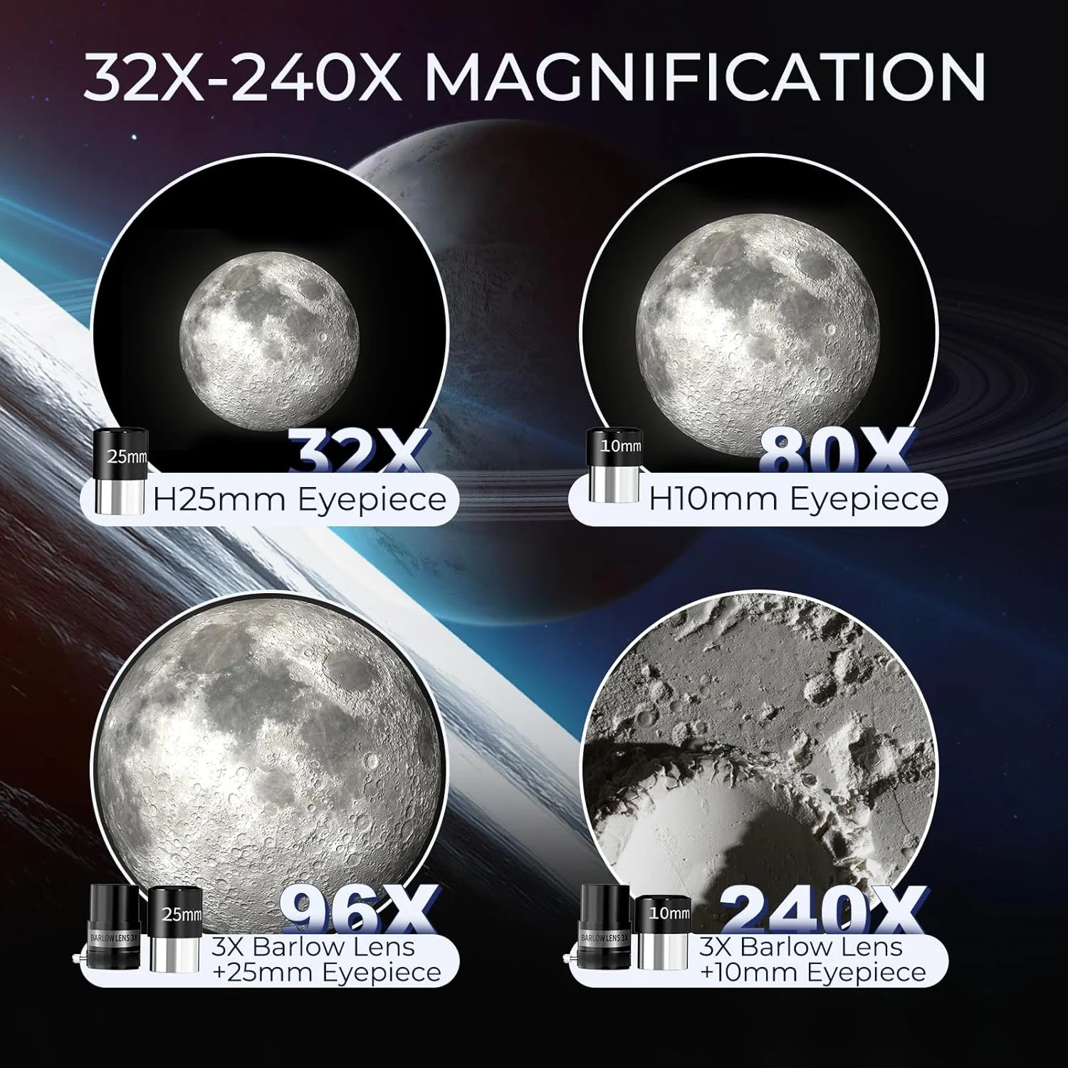 تلسکوپ با دهانه 90 میلی‌متری و فاصله کانونی 800 میلی‌متری، تلسکوپ نجومی حرفه‌ای با بزرگنمایی 32X-240X، لنز بارلو 3X و آداپتور تلفن