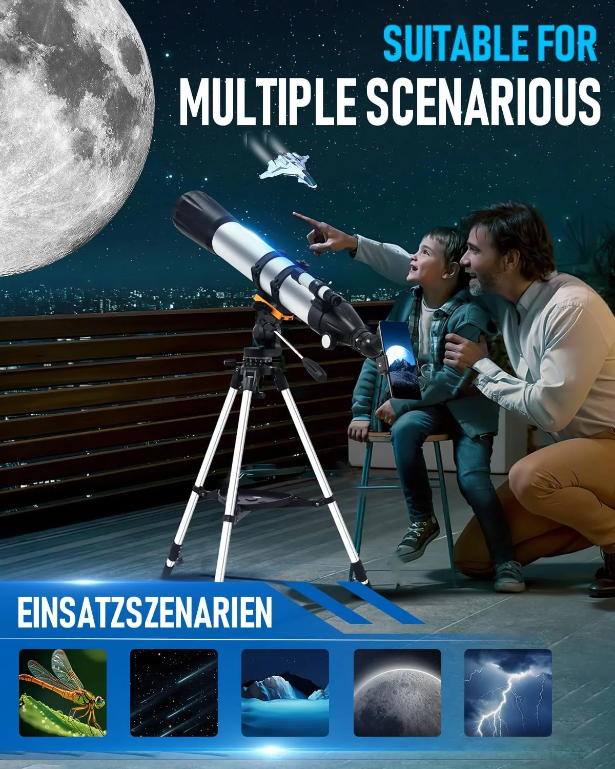 تلسکوپ با دهانه 90 میلی‌متری، تلسکوپ شکستنی حرفه‌ای 900 میلی‌متری، بزرگنمایی 450X تلسکوپ قدرتمند، تلسکوپ برای بزرگسالان و کودکان به همراه کنترل از راه دور، سه‌پایه، آداپتور تلفن، کیف حمل