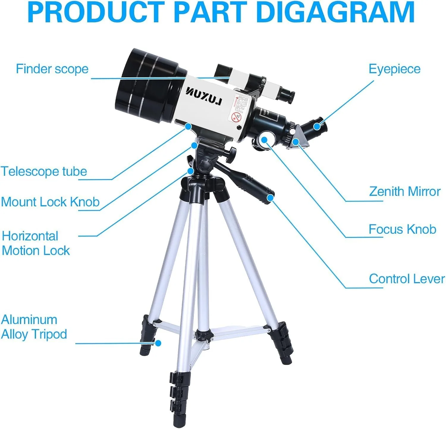 تلسکوپ 70 میلی‌متری انکساری به همراه آداپتور تلفن برای بزرگسالان، مبتدیان نجوم، با پوشش پهن باند چند لایه، سه پایه قابل تنظیم و یابنده