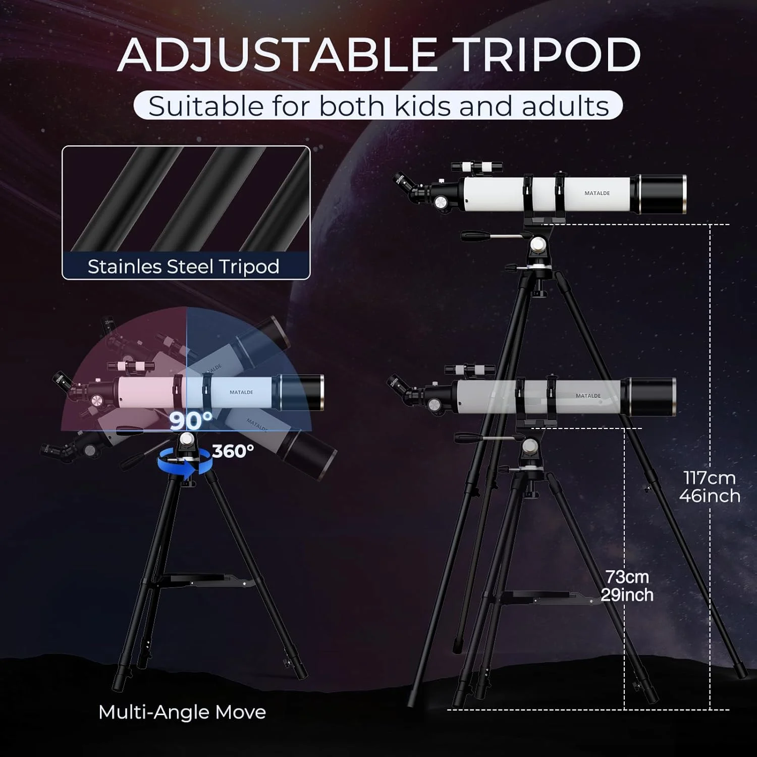 تلسکوپ با دهانه 90 میلی‌متری و فاصله کانونی 800 میلی‌متری، تلسکوپ نجومی حرفه‌ای با بزرگنمایی 32X-240X، لنز بارلو 3X و آداپتور تلفن