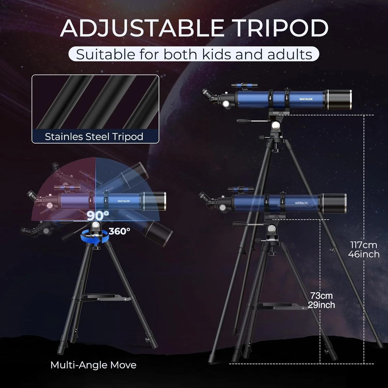 تلسکوپ با دهانه 90 میلی‌متری و فاصله کانونی 800 میلی‌متر برای مبتدیان و حرفه‌ای‌ها، تلسکوپ نجومی حرفه‌ای با بزرگنمایی 32X-240X، لنز بارلو 3X و آداپتور تلفن