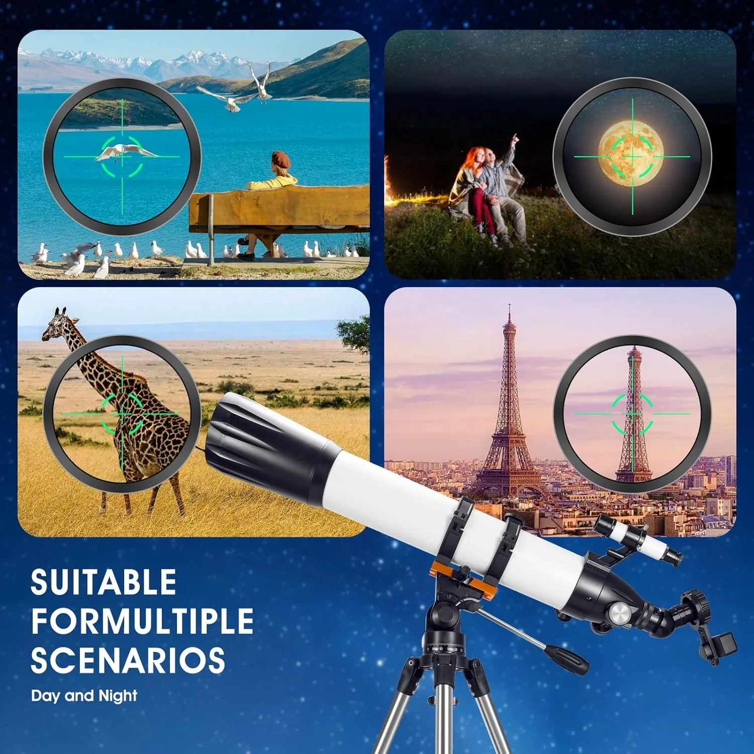 تلسکوپ با قدرت بالا برای بزرگسالان، دهانه 90 میلی‌متری، شکست 800 میلی‌متری برای مبتدیان نجوم، تلسکوپ حرفه‌ای با سه‌پایه استیل ضد زنگ، آداپتور تلفن و کیف حمل