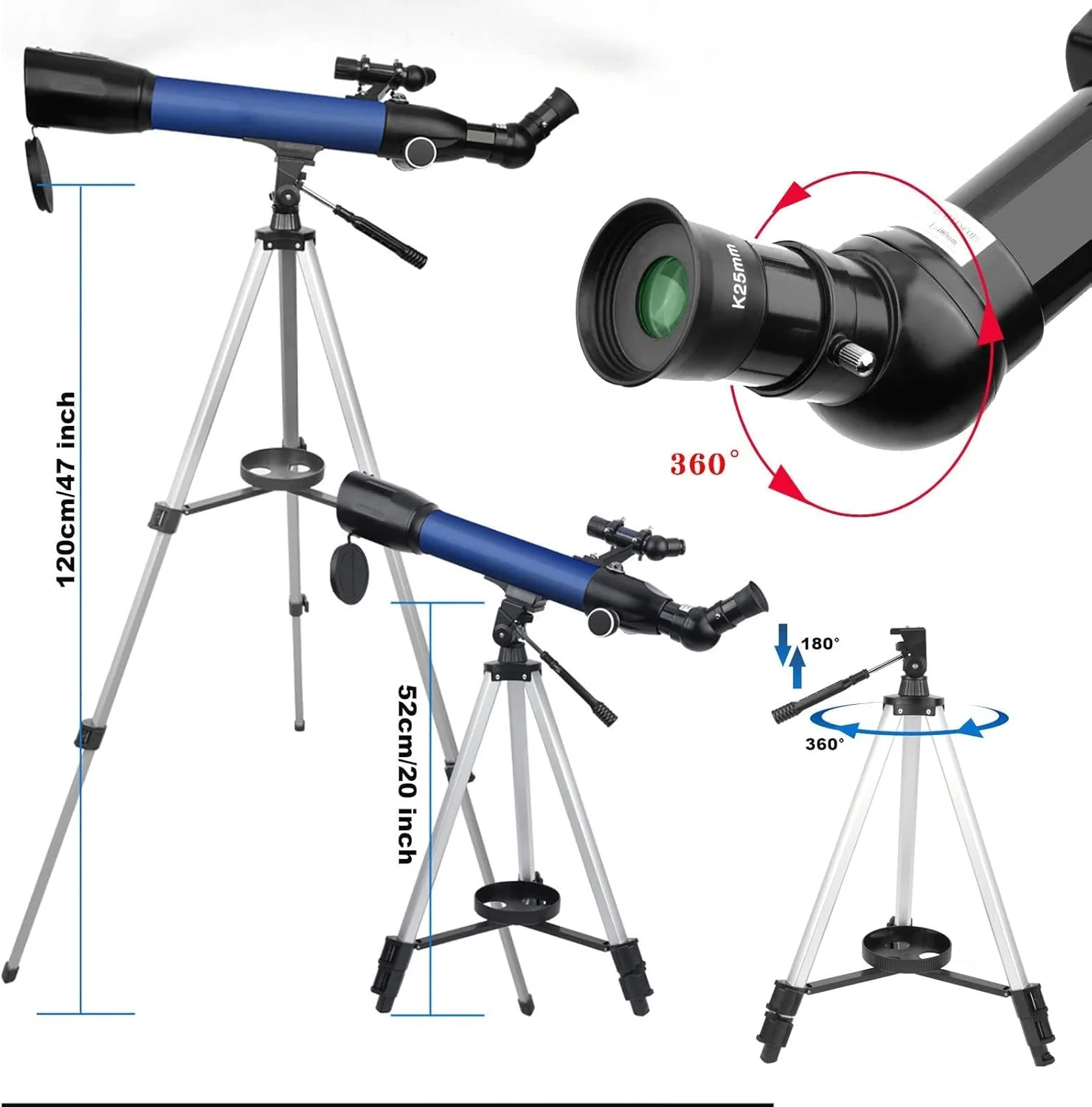 تلسکوپ LSLYTQ برای بزرگسالان و مبتدیان، دهانه 60 میلی‌متری، فاصله کانونی 500 میلی‌متری، تلسکوپ‌های شکستنی نجومی حرفه‌ای قابل حمل با سه‌پایه استیل ضد زنگ قابل تنظیم