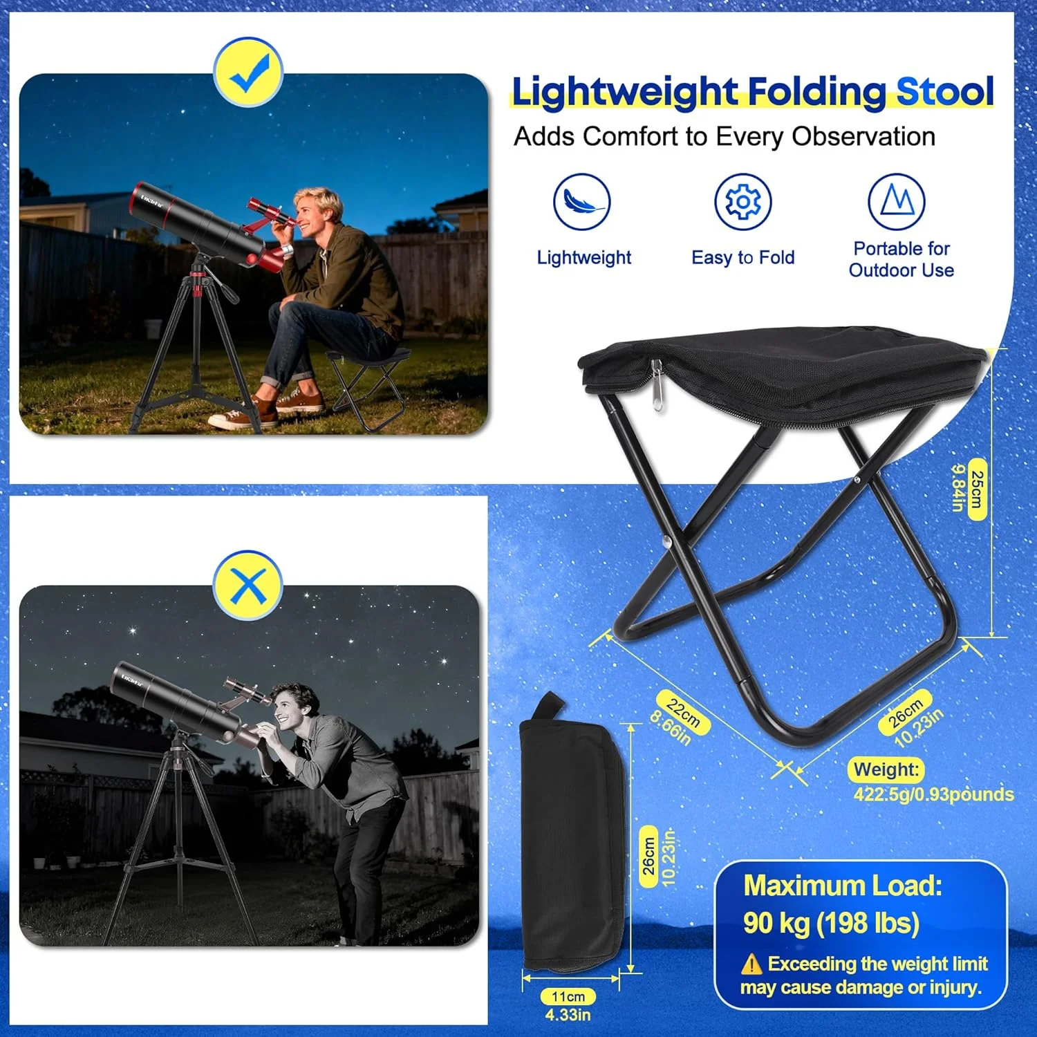 تلسکوپ حرفه ای با قدرت بالا، دهانه 90 میلی‌متری، 550 میلی‌متری برای کودکان و مبتدیان به همراه صندلی تاشو، سه پایه، آداپتور تلفن و کیف حمل، تلسکوپ های نجومی انکساری مسافرتی قابل حمل