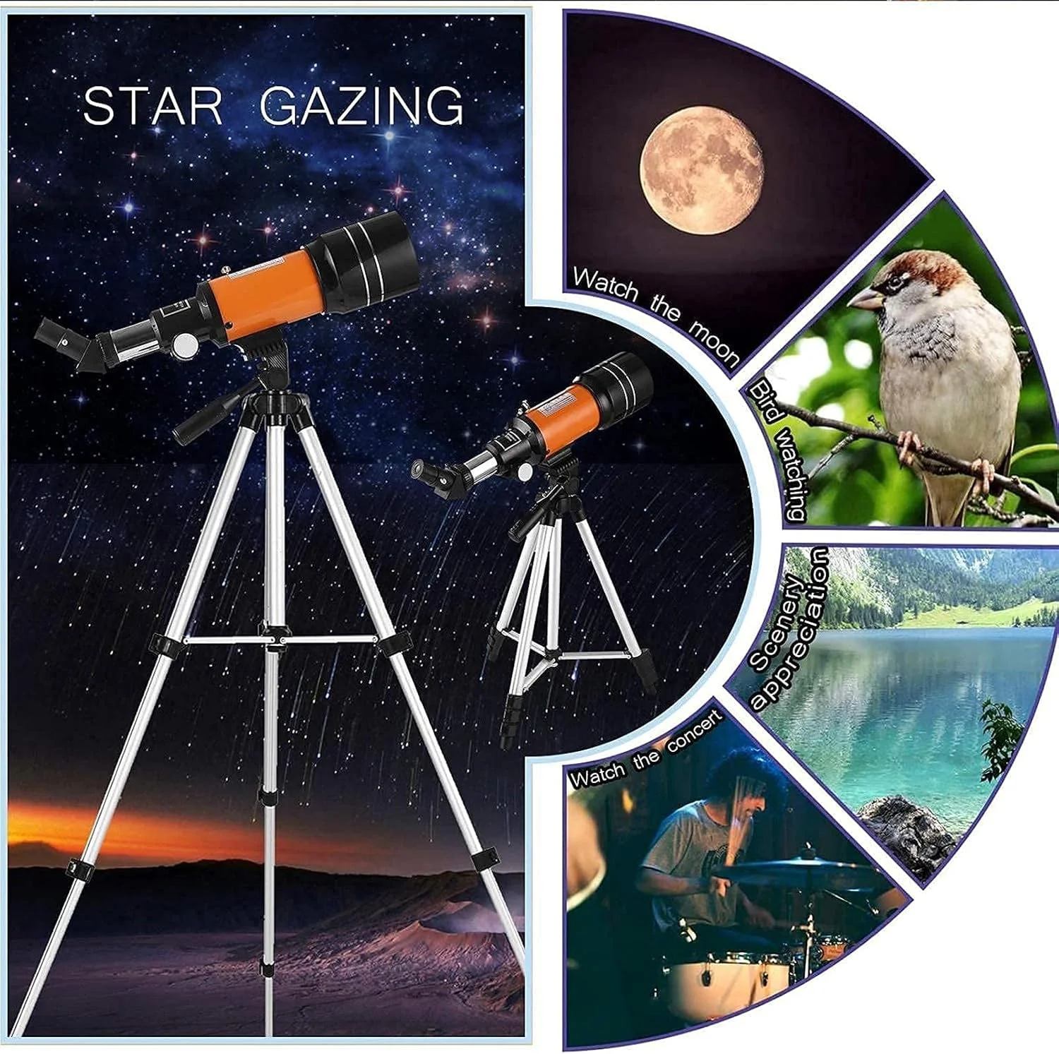 تلسکوپ تک چشمی LSLYTQ با بزرگنمایی 150X، تلسکوپ شکستنی نجومی 70 میلی‌متری با سه پایه 5×24، فیلتر ماه و لنز 3X A A