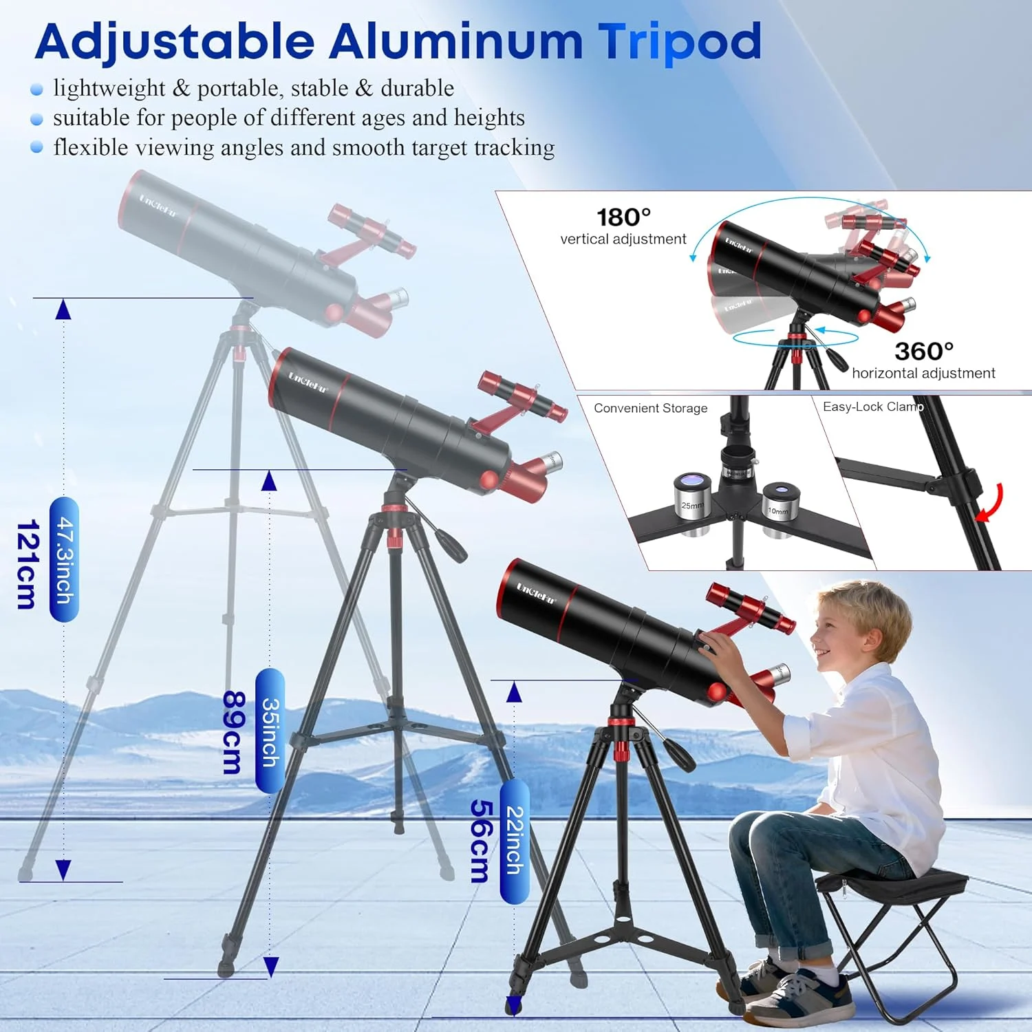 تلسکوپ LSLYTQ برای بزرگسالان و مبتدیان، دهانه 60 میلی‌متری، فاصله کانونی 500 میلی‌متری، تلسکوپ‌های شکستنی نجومی حرفه‌ای قابل حمل با سه‌پایه استیل ضد زنگ قابل تنظیم