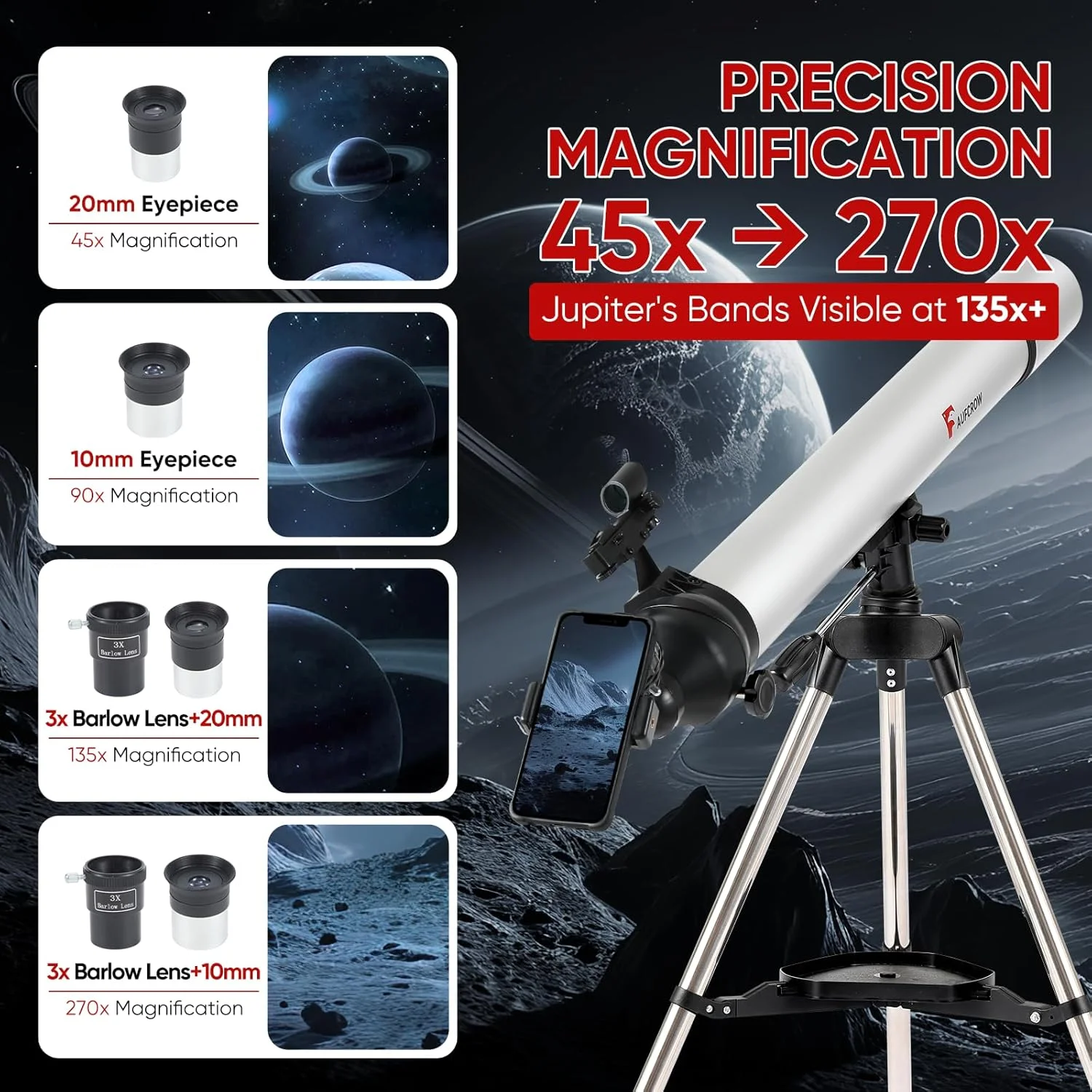 تلسکوپ برای بزرگسالان، تلسکوپ های نجومی قدرتمند با دیافراگم 80 میلیمتری و فاصله کانونی 900 میلیمتری، تلسکوپ شکستنی حرفهای 270X، سهپایه فولادی ضد زنگ، یابنده نقطه قرمز، کیف حمل، آداپتور تلفن تلسکوپ برای بزرگسالان، تلسکوپ های نجومی قدرتمند با دیافراگم 80 میلیمتری و فاصله کانونی 900 میلیمتری، تلسکوپ شکستنی حرفهای 270X، سهپایه فولادی ضد زنگ، یابنده نقطه قرمز، کیف حمل، آداپتور تلفن