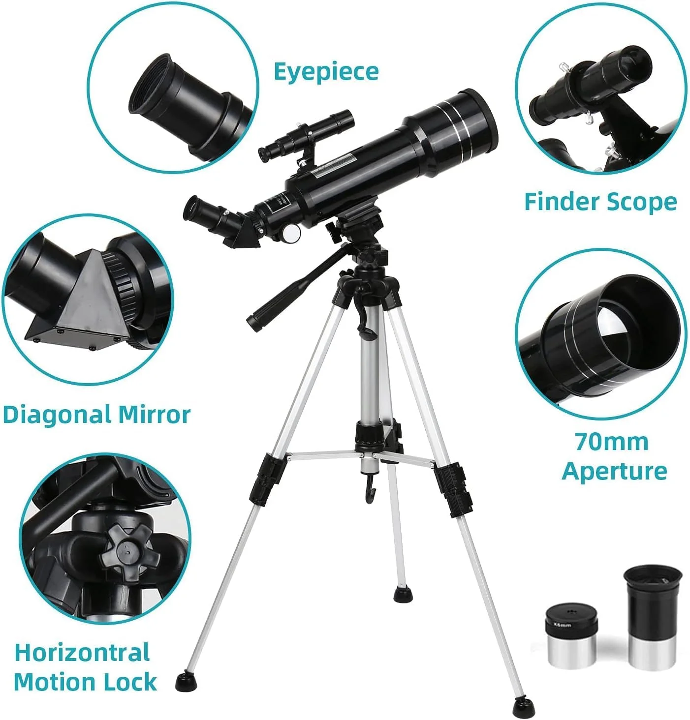 تلسکوپ با چشمی های 6 میلی متری و 25 میلی متری کلنر، تلسکوپ بازتابی نجومی F40070M با سه پایه آلومینیومی قابل تنظیم ارتفاع و کوله پشتی، قابلیت مشاهده دهانه های سطح ماه تلسکوپ با چشمی های 6 میلی متری و 25 میلی متری کلنر، تلسکوپ بازتابی نجومی F40070M با سه پایه آلومینیومی قابل تنظیم ارتفاع و کوله پشتی، قابلیت مشاهده دهانه های سطح ماه