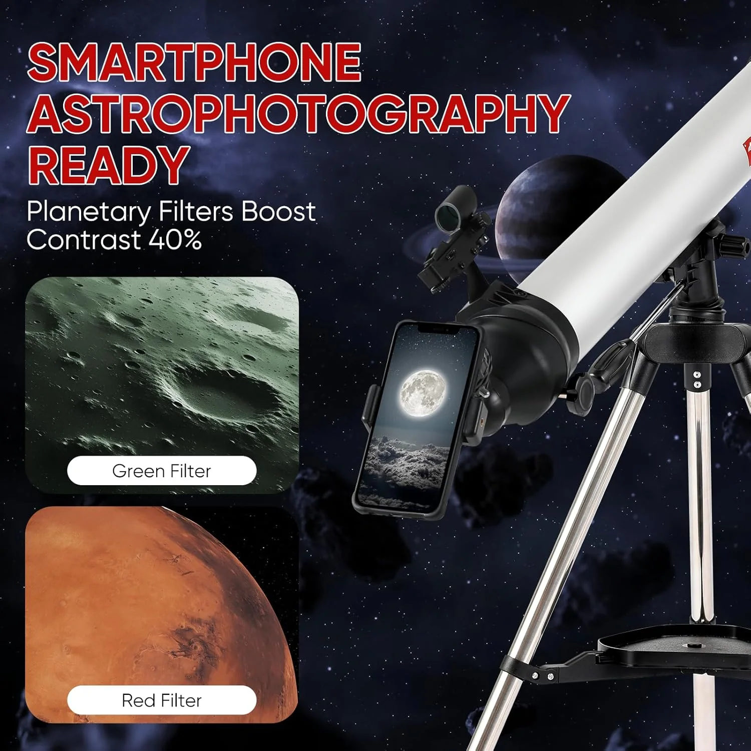 تلسکوپ برای بزرگسالان، تلسکوپ های نجومی قدرتمند با دیافراگم 80 میلیمتری و فاصله کانونی 900 میلیمتری، تلسکوپ شکستنی حرفهای 270X، سهپایه فولادی ضد زنگ، یابنده نقطه قرمز، کیف حمل، آداپتور تلفن تلسکوپ برای بزرگسالان، تلسکوپ های نجومی قدرتمند با دیافراگم 80 میلیمتری و فاصله کانونی 900 میلیمتری، تلسکوپ شکستنی حرفهای 270X، سهپایه فولادی ضد زنگ، یابنده نقطه قرمز، کیف حمل، آداپتور تلفن