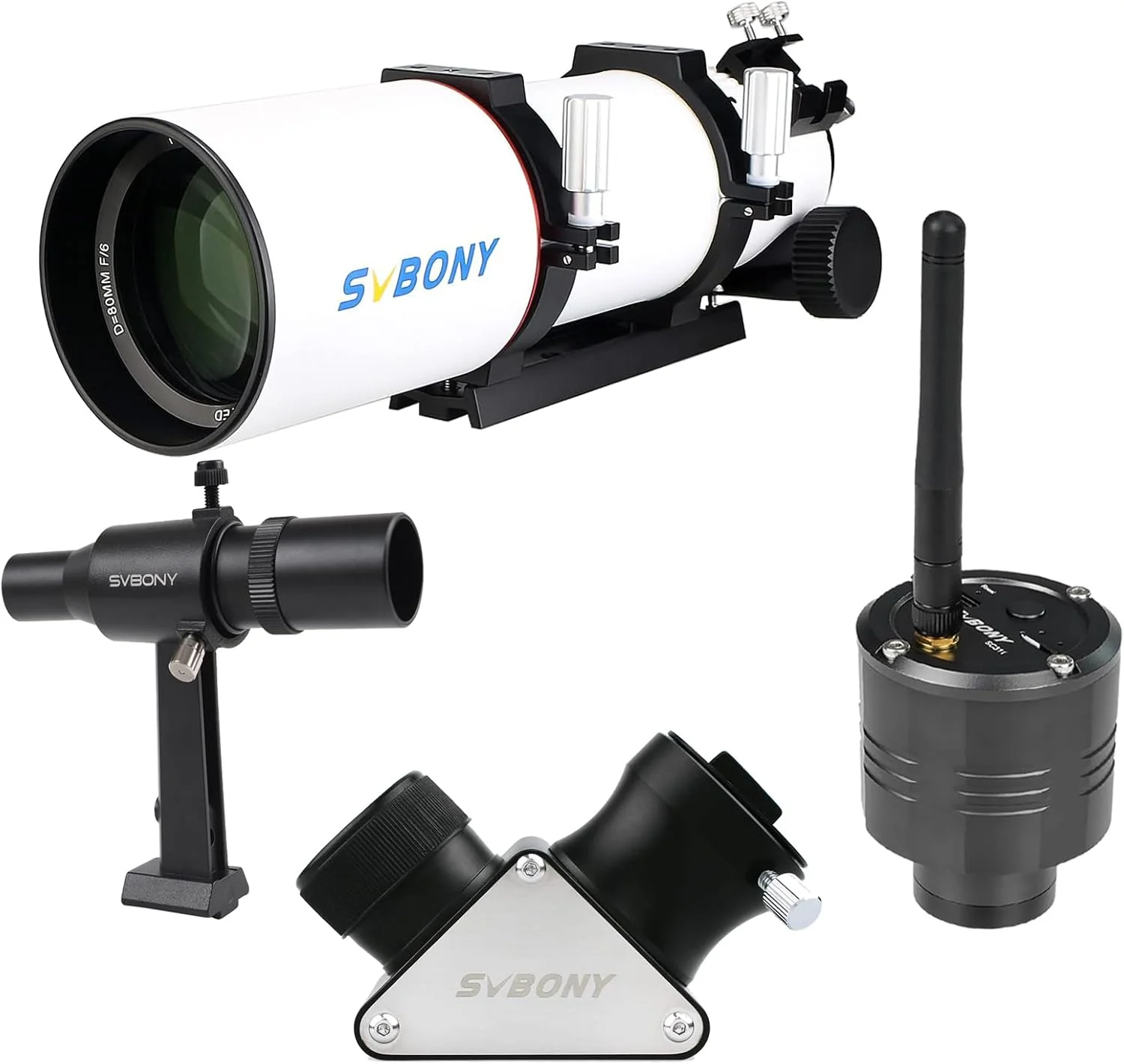 دوربین تلسکوپ وای فای SC311 با سنسور رنگی CMOS مدل IMX662 به همراه تلسکوپ SV550 80mm، آینه دی الکتریک 90 درجه 1.25 اینچی، یابنده SV182 6x30، کیت ترکیبی برای عکاسی از ماه