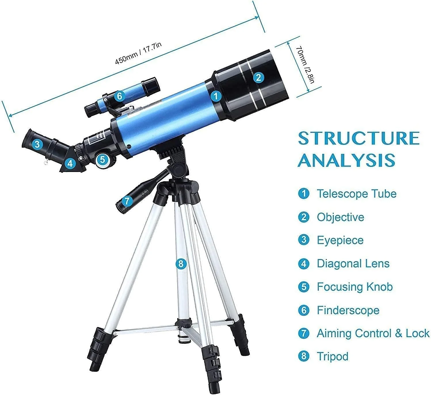 تلسکوپ LSLYTQ برای بزرگسالان و مبتدیان، تلسکوپ شکستی 70 میلی‌متری با تصویر ایستاده مورب 51 اینچی قابل تنظیم و فیلتر ماه