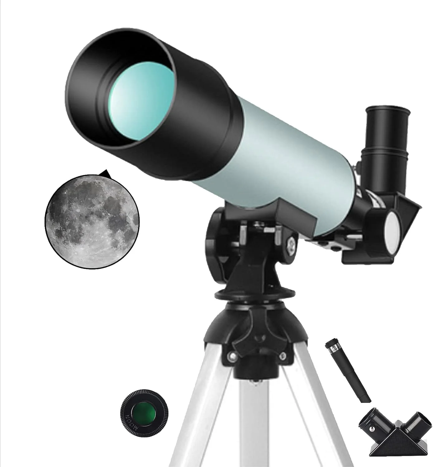 تلسکوپ برای بزرگسالان و مبتدیان، تلسکوپ شکستنی نجومی با دیافراگم 50 میلی‌متری، 2 چشمی چرخان، تلسکوپ قابل حمل با سه‌پایه