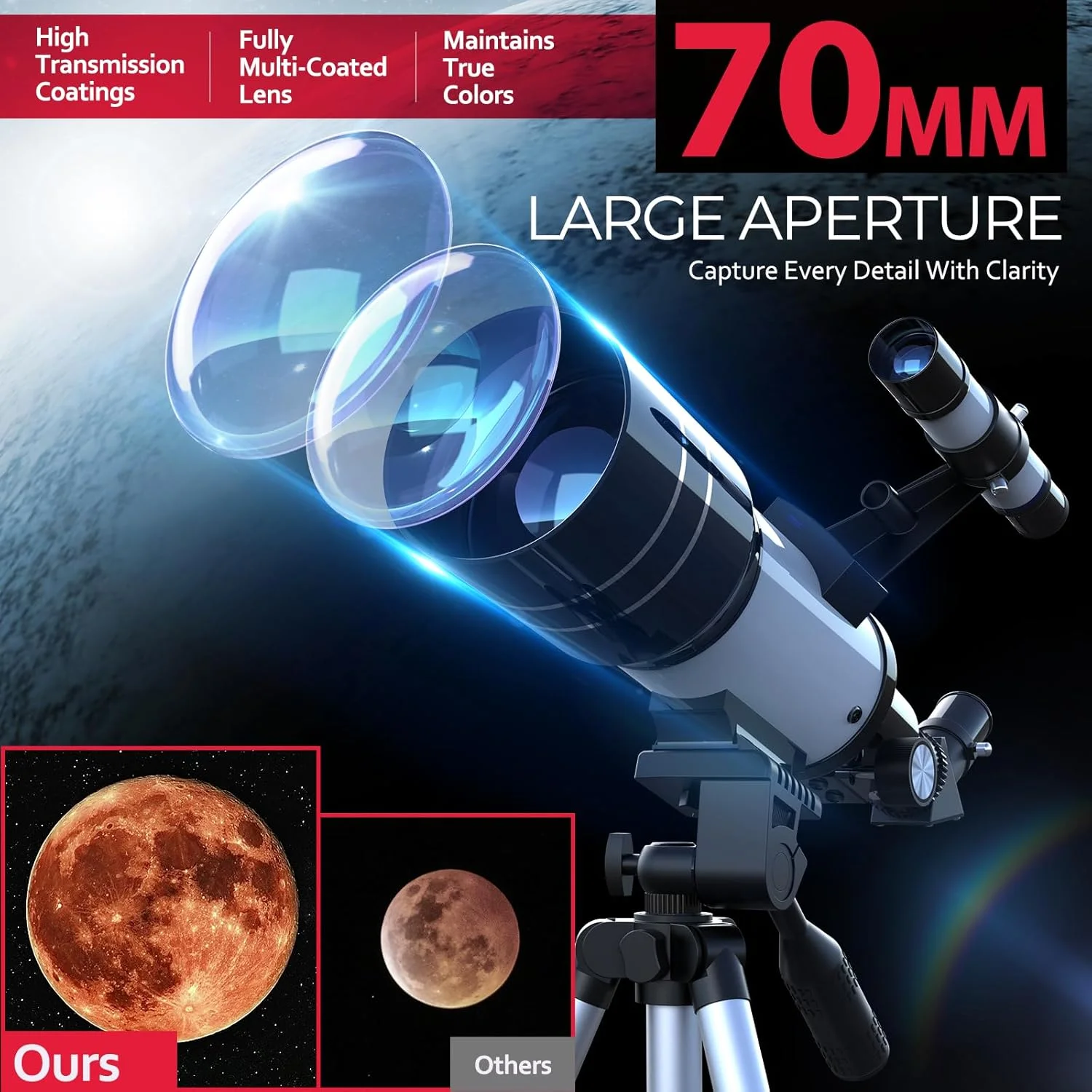 تلسکوپ نجومی انکساری با دهانه 70 میلیمتری، فاصله کانونی 300 میلیمتری، بزرگنمایی 15X-150X، سهپایه، آداپتور تلفن و ریموت کنترل بیسیم تلسکوپ نجومی انکساری با دهانه 70 میلیمتری، فاصله کانونی 300 میلیمتری، بزرگنمایی 15X-150X، سهپایه، آداپتور تلفن و ریموت کنترل بیسیم