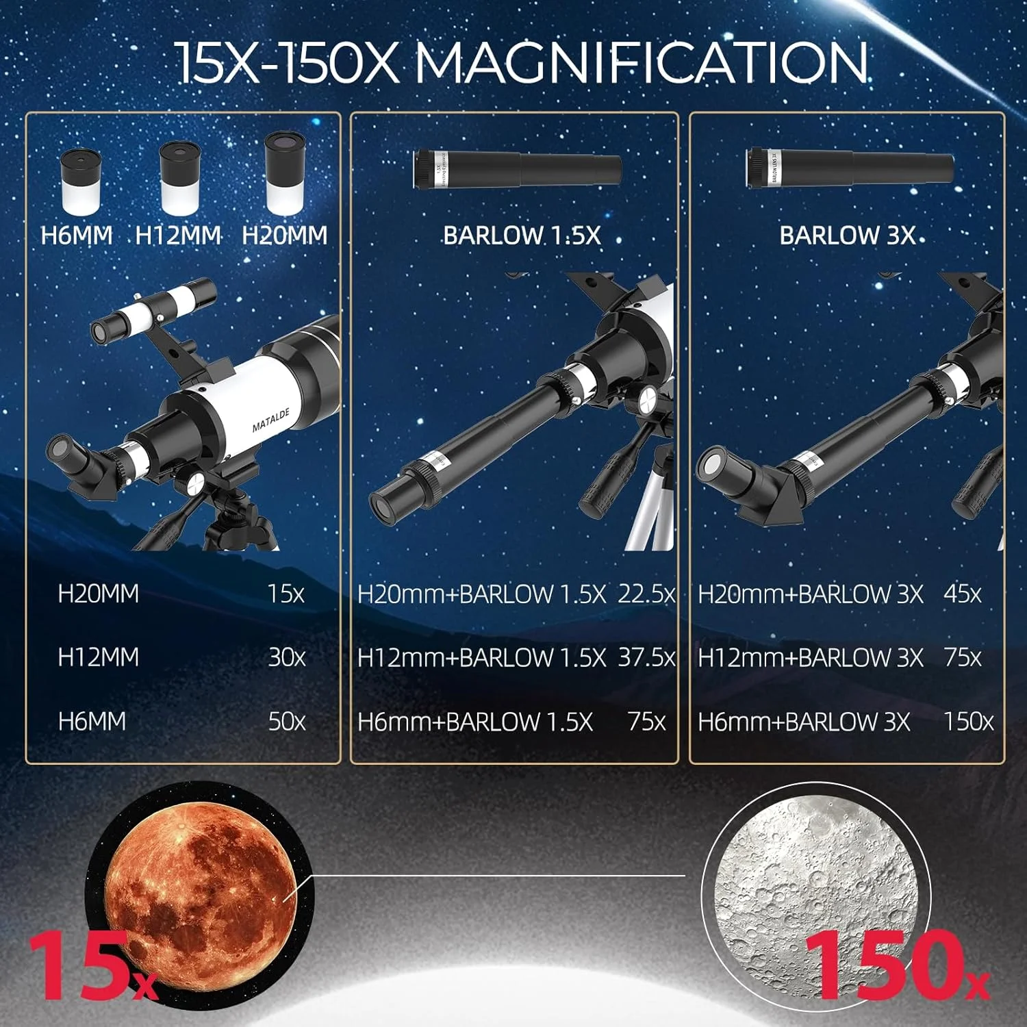 تلسکوپ نجومی انکساری با دهانه 70 میلیمتری، فاصله کانونی 300 میلیمتری، بزرگنمایی 15X-150X، سهپایه، آداپتور تلفن و ریموت کنترل بیسیم تلسکوپ نجومی انکساری با دهانه 70 میلیمتری، فاصله کانونی 300 میلیمتری، بزرگنمایی 15X-150X، سهپایه، آداپتور تلفن و ریموت کنترل بیسیم