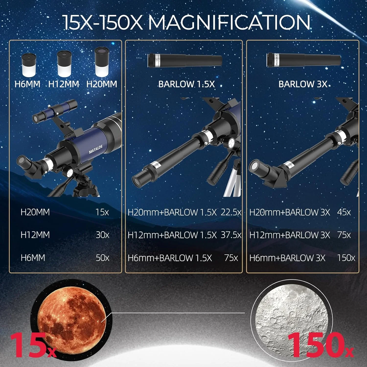 تلسکوپ برای مبتدیان و کودکان، تلسکوپ نجومی انکساری با دیافراگم 70 میلی‌متر و فاصله کانونی 300 میلی‌متر، بزرگنمایی 15X-150X، شامل کیت لوازم جانبی کامل، سه‌پایه، آداپتور تلفن و ریموت کنترل بی‌سیم