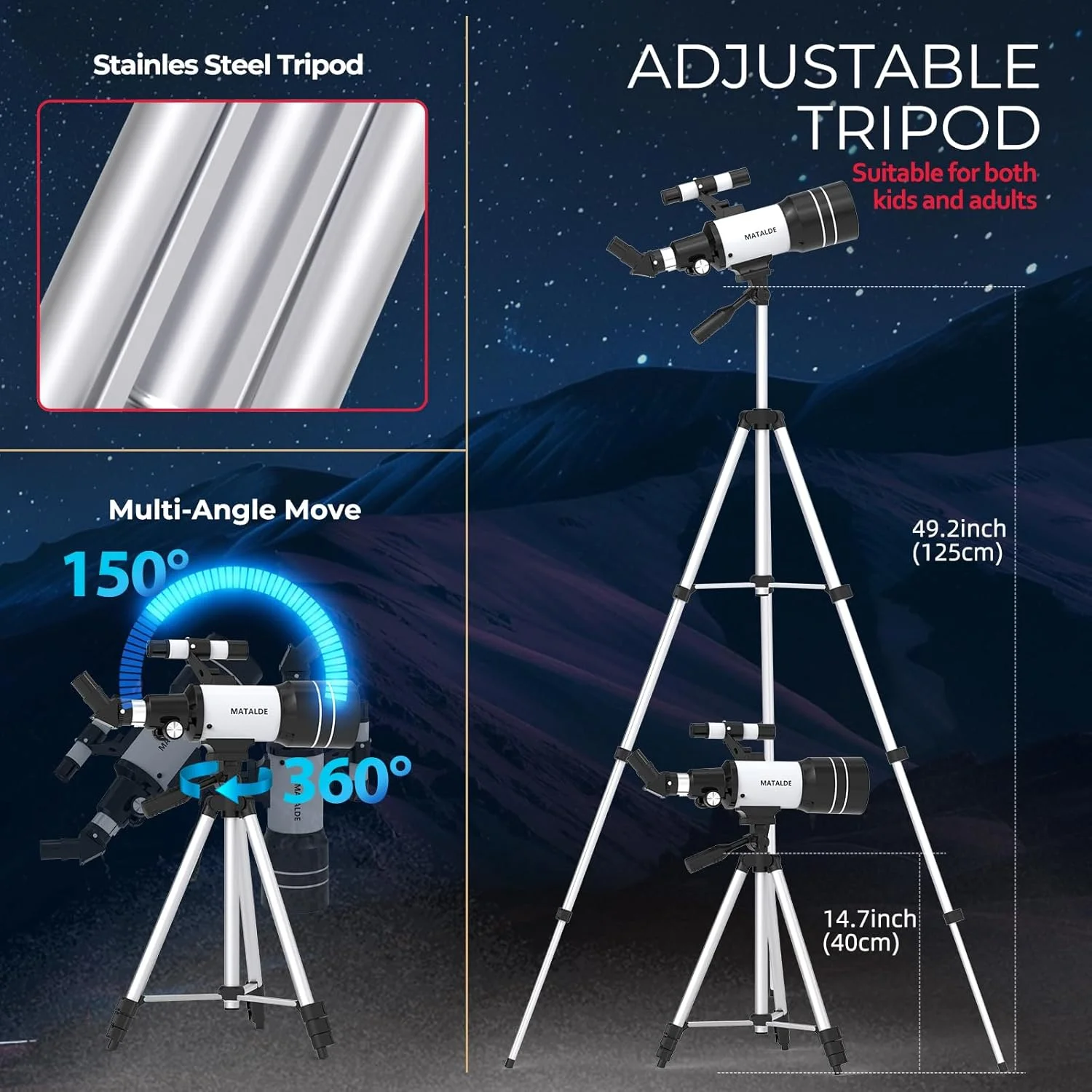 تلسکوپ نجومی انکساری با دهانه 70 میلیمتری، فاصله کانونی 300 میلیمتری، بزرگنمایی 15X-150X، سهپایه، آداپتور تلفن و ریموت کنترل بیسیم تلسکوپ نجومی انکساری با دهانه 70 میلیمتری، فاصله کانونی 300 میلیمتری، بزرگنمایی 15X-150X، سهپایه، آداپتور تلفن و ریموت کنترل بیسیم