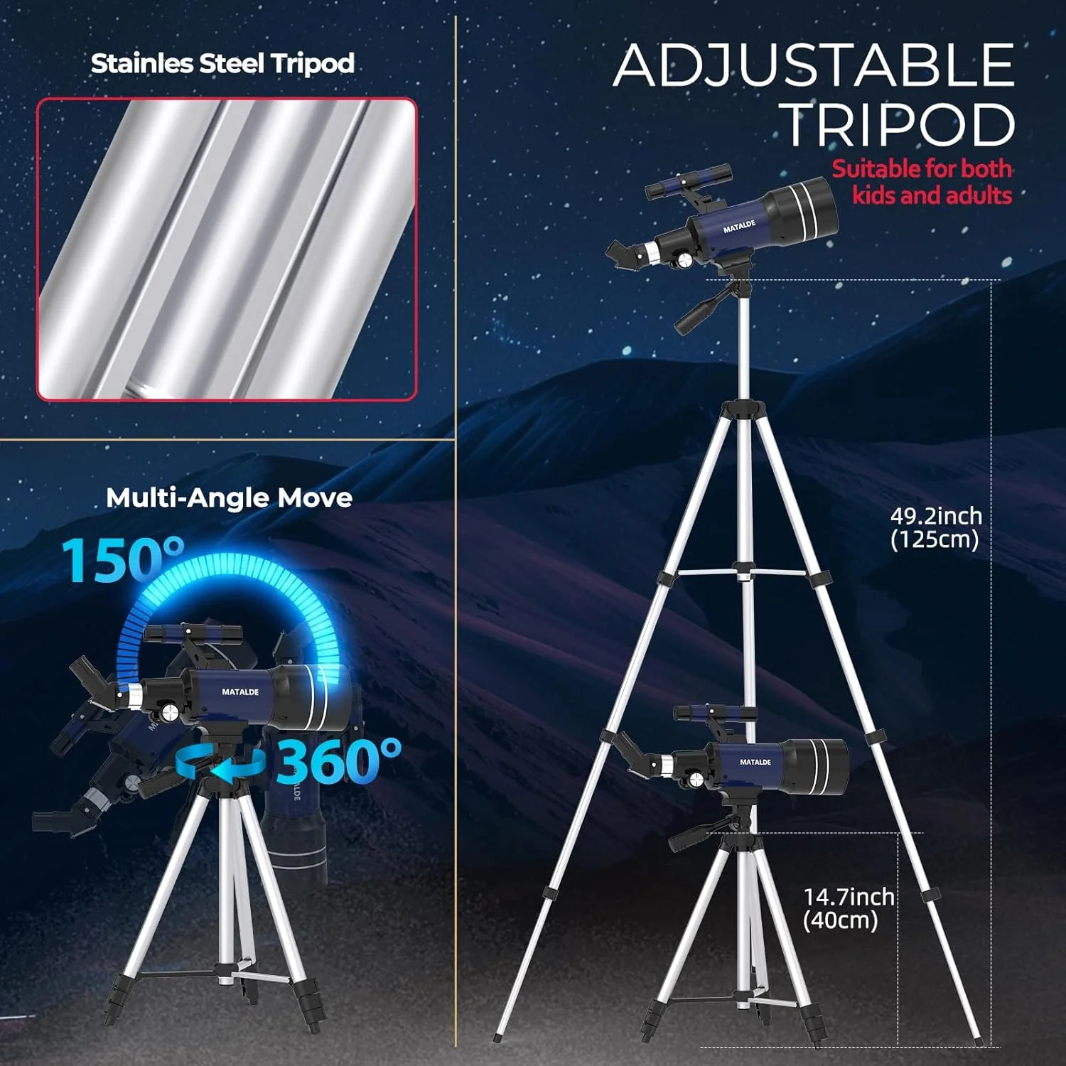 تلسکوپ برای مبتدیان و کودکان، تلسکوپ نجومی انکساری با دیافراگم 70 میلی‌متر و فاصله کانونی 300 میلی‌متر، بزرگنمایی 15X-150X، شامل کیت لوازم جانبی کامل، سه‌پایه، آداپتور تلفن و ریموت کنترل بی‌سیم