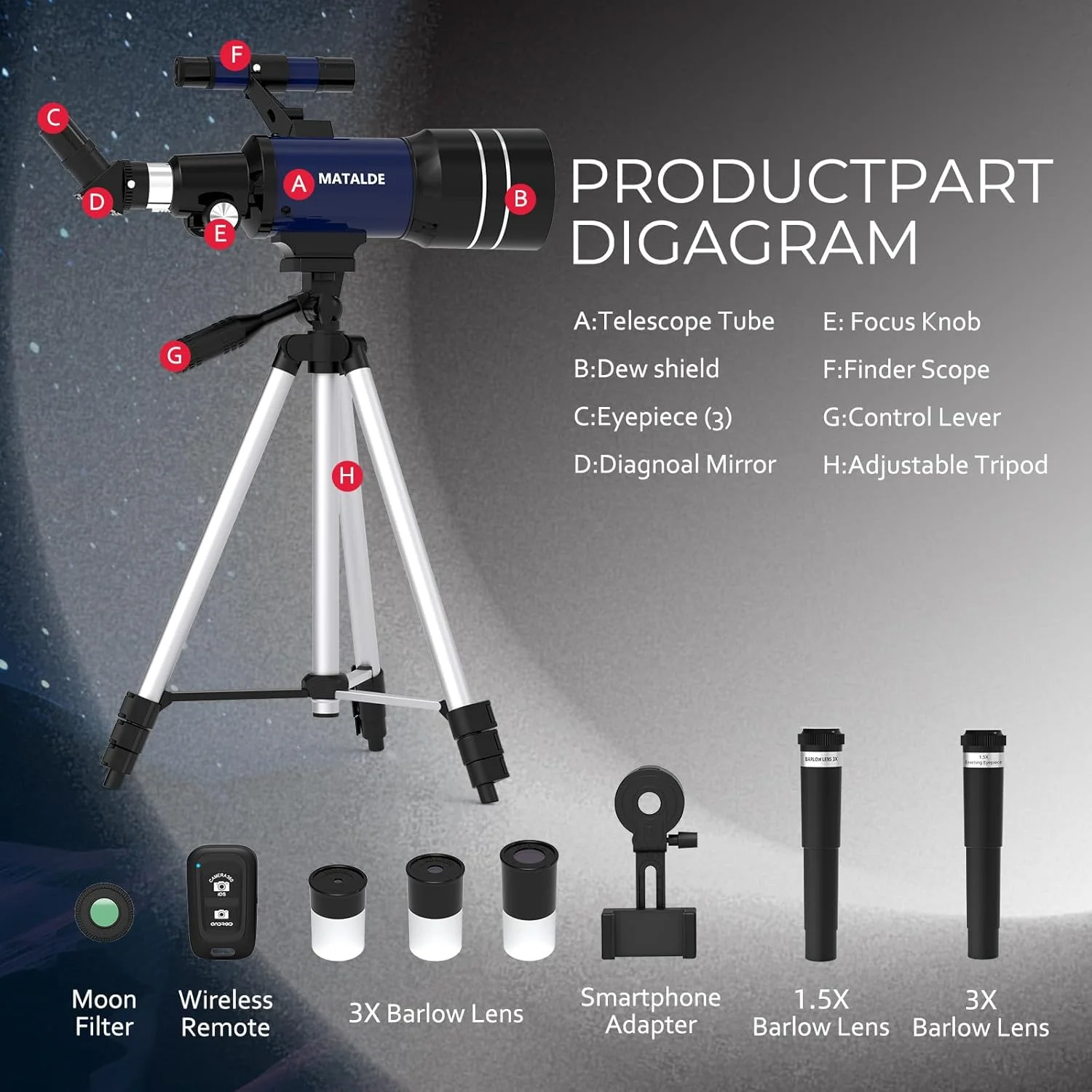 تلسکوپ برای مبتدیان و کودکان، تلسکوپ نجومی انکساری با دیافراگم 70 میلی‌متر و فاصله کانونی 300 میلی‌متر، بزرگنمایی 15X-150X، شامل کیت لوازم جانبی کامل، سه‌پایه، آداپتور تلفن و ریموت کنترل بی‌سیم