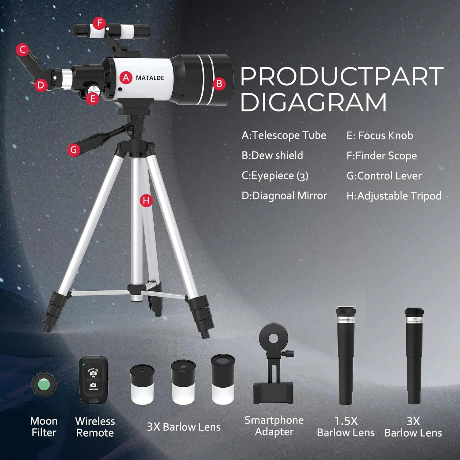 تلسکوپ نجومی انکساری با دهانه 70 میلیمتری، فاصله کانونی 300 میلیمتری، بزرگنمایی 15X-150X، سهپایه، آداپتور تلفن و ریموت کنترل بیسیم تلسکوپ نجومی انکساری با دهانه 70 میلیمتری، فاصله کانونی 300 میلیمتری، بزرگنمایی 15X-150X، سهپایه، آداپتور تلفن و ریموت کنترل بیسیم