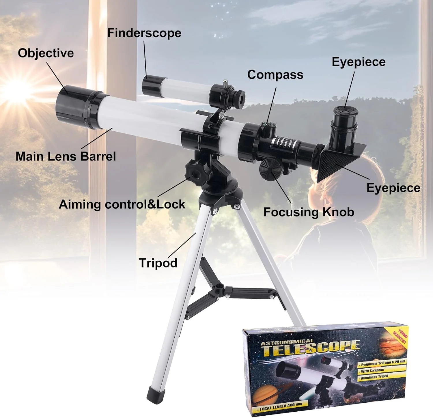 تلسکوپ برای کودکان و مبتدیان بزرگسال 40/400 میلی‌متری شکستنی با یابنده، قطب‌نما و سه‌پایه