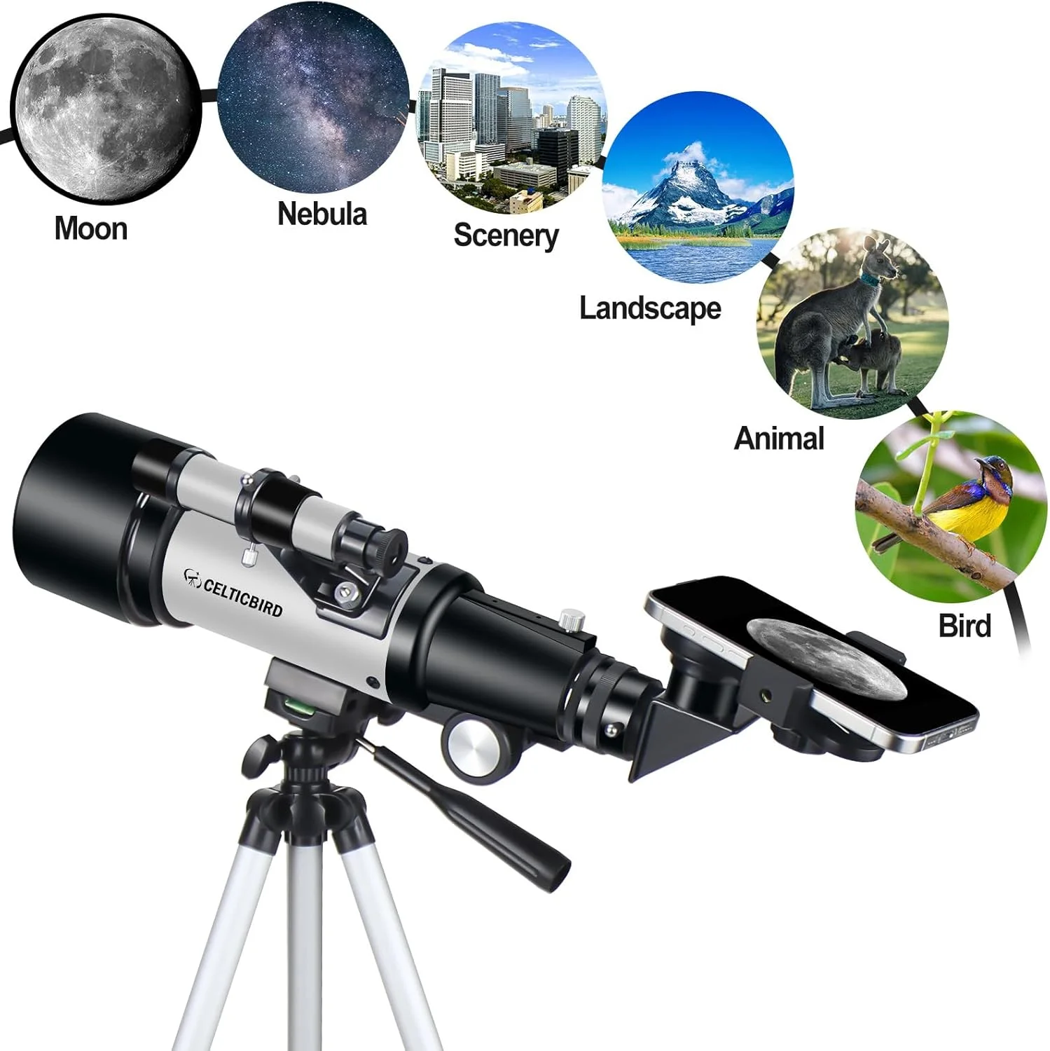 تلسکوپ برای کودکان و مبتدیان، دهانه 70 میلیمتری تلسکوپ شکستنی نجومی 400 میلیمتری برای بزرگسالان و دانشآموزان - تلسکوپهای مسافرتی با سهپایه، آداپتور تلفن (نقرهای) تلسکوپ برای کودکان و مبتدیان، دهانه 70 میلیمتری تلسکوپ شکستنی نجومی 400 میلیمتری برای بزرگسالان و دانشآموزان - تلسکوپهای مسافرتی با سهپایه، آداپتور تلفن (نقرهای)