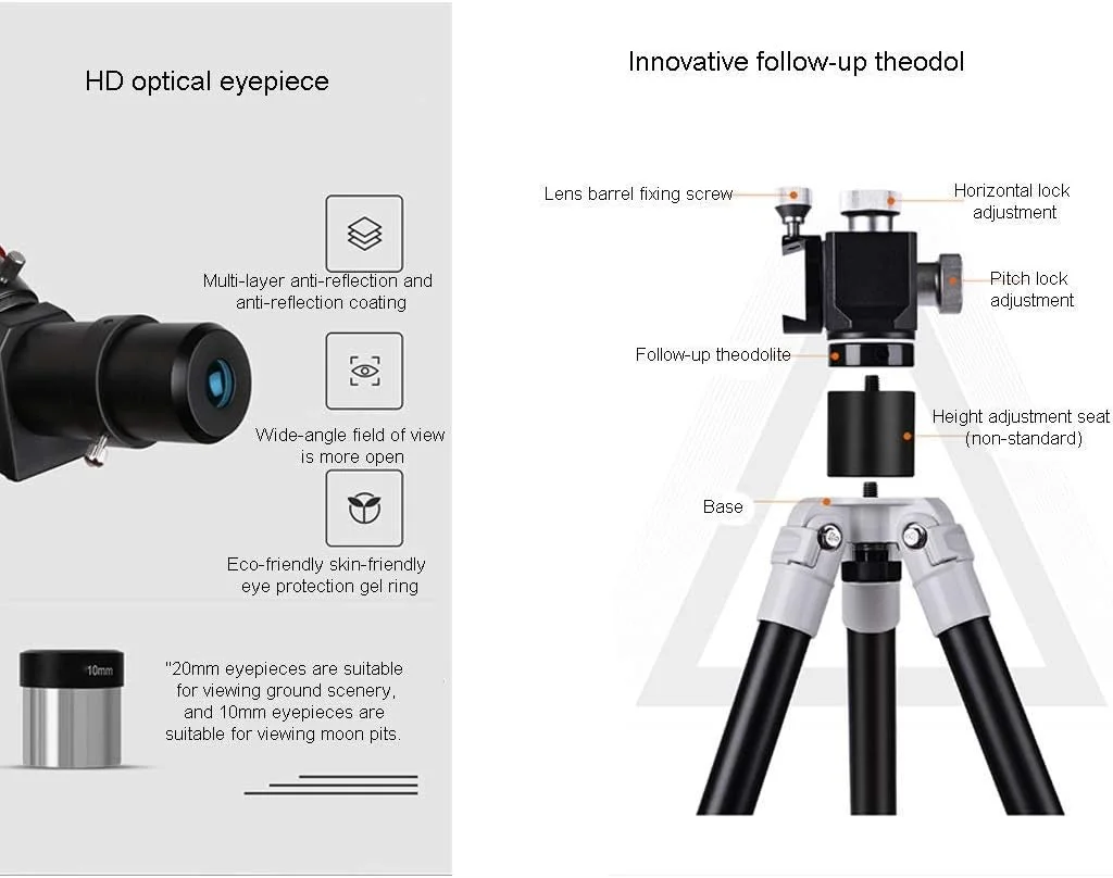 تلسکوپ نجومی LSLYTQ مناسب سفر و فضای باز، برای بزرگسالان، فاصله کانونی 700 میلی‌متری، عدسی چشمی 10 و 20 میلی‌متری، سه پایه و نگهدارنده تلفن هوشمند