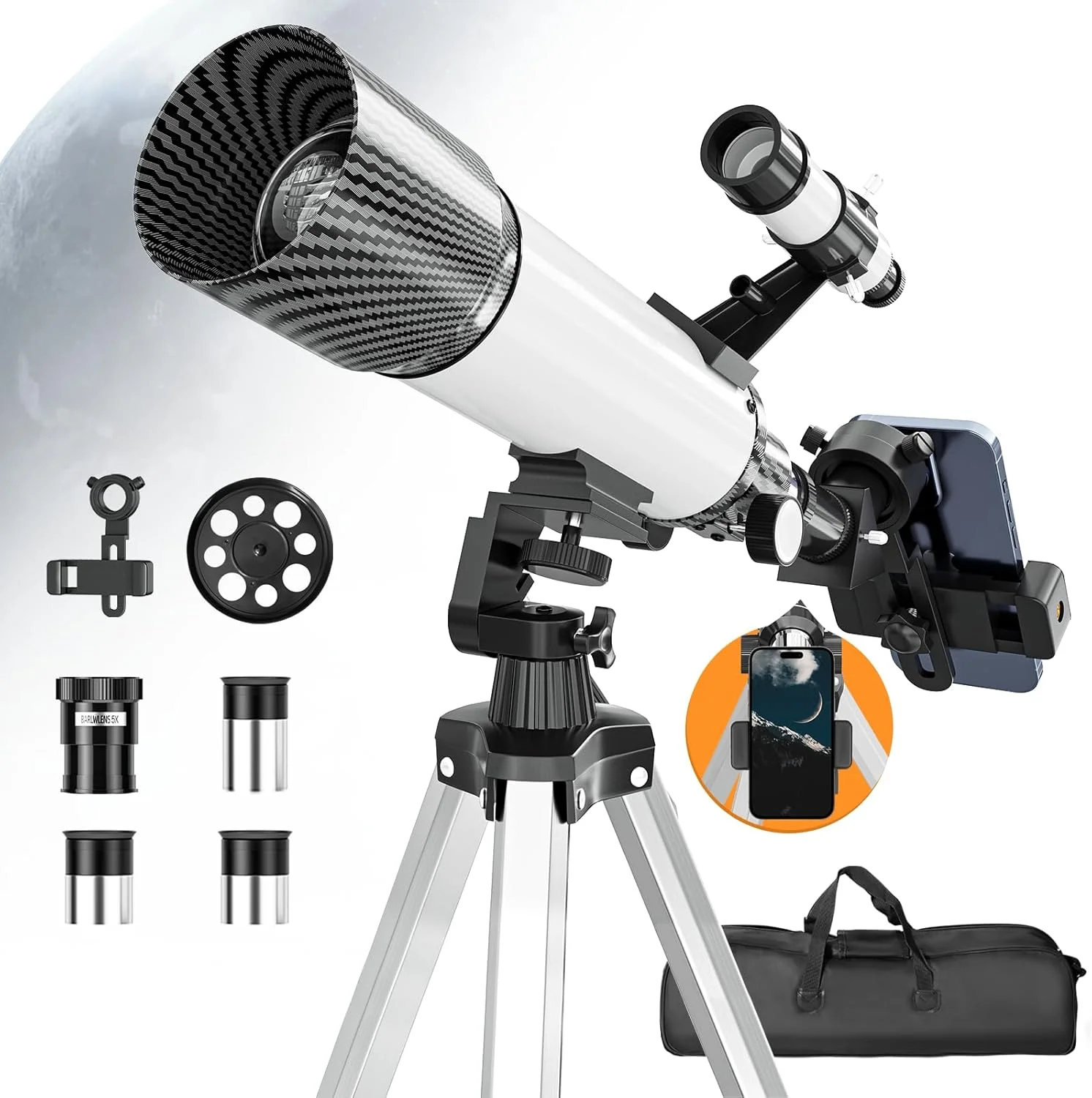 تلسکوپ با قدرت بالا برای بزرگسالان و کودکان، دهانه 70 میلی‌متری، تلسکوپ نجومی 400 میلی‌متری (20x-330x) برای کودکان و مبتدیان، تلسکوپ‌های شکست نور مسافرتی قابل حمل با آداپتور تلفن، سه‌پایه، کیف حمل