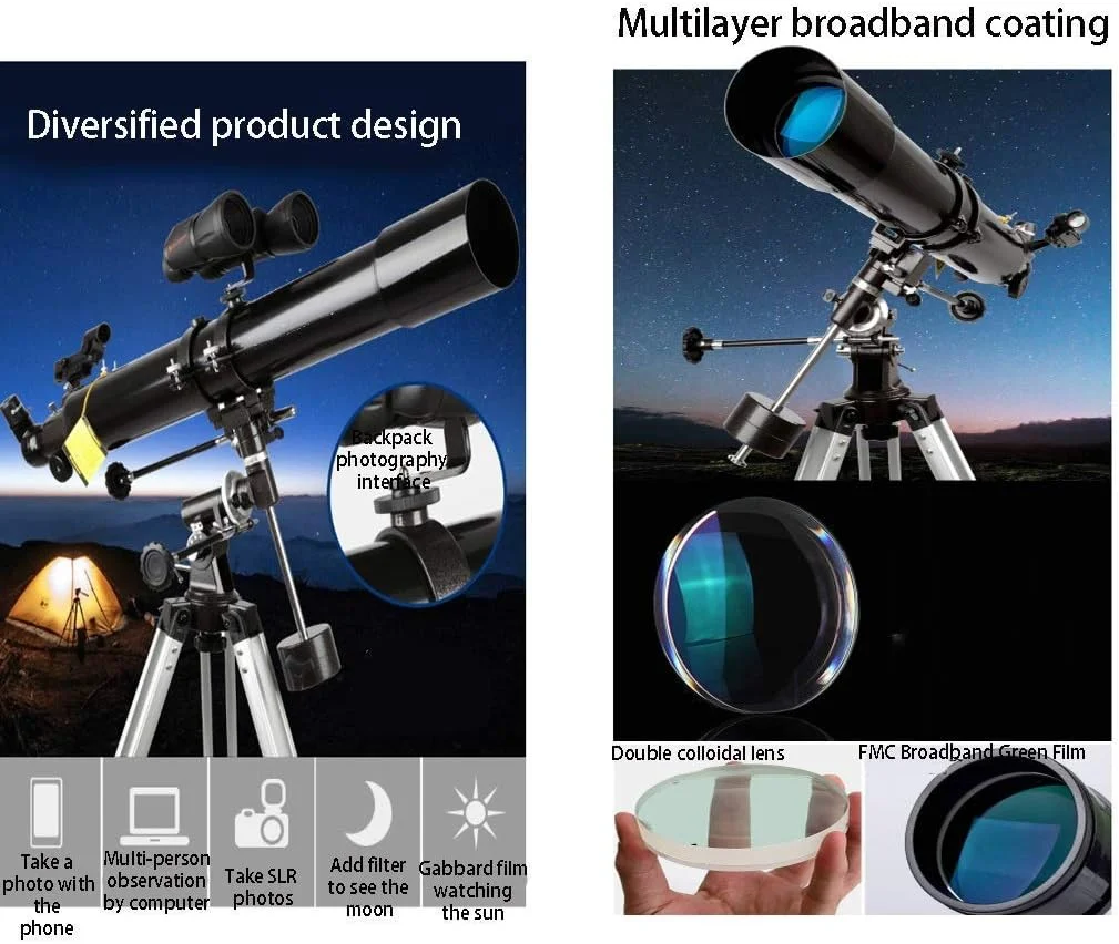 تلسکوپ نجومی با دهانه 80 میلی‌متری و فاصله کانونی 900 میلی‌متری، شکست نور برای مبتدیان، کیف حمل مسافرتی و سه‌پایه قابل تنظیم